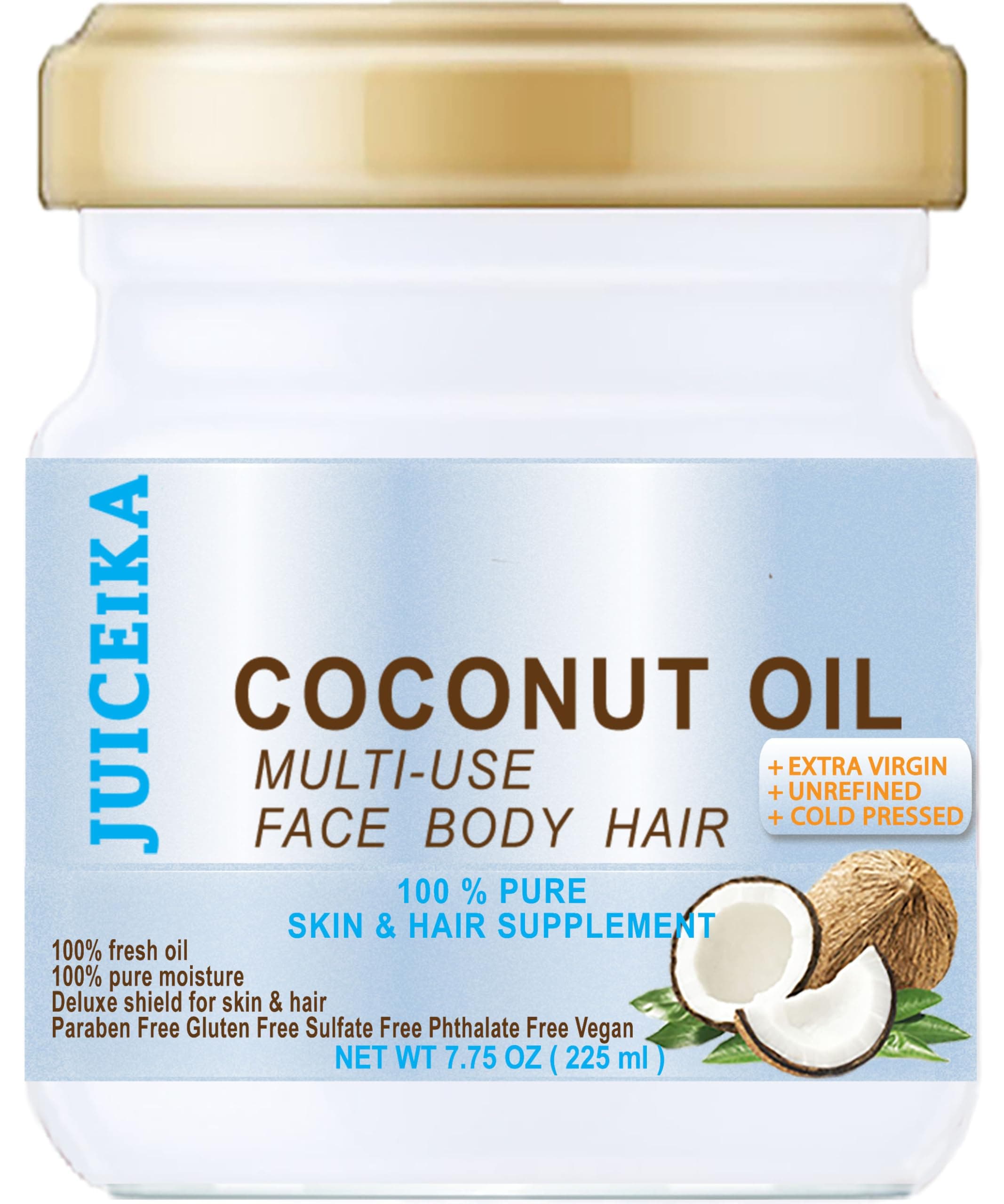 COCONUT OIL Pure EXTRA VIRGIN UNREFINED COLD PRESSED 7.75 Fl.oz 225 ml for Face, Skin, Hair, Lip, Nails by Juiceika
