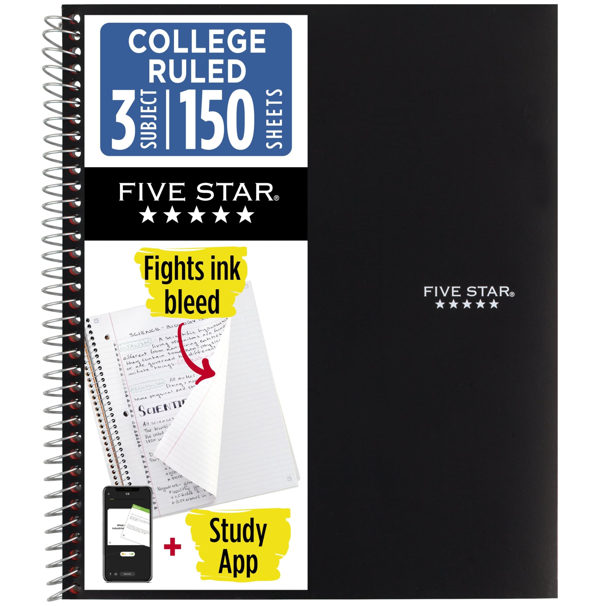 Spiral Notebook + Study App, 3 Subject, College Ruled Paper, Fights Ink Bleed, Water Resistant Cover, 8-1/2" x 11", 150 Sheets, Black (72069)