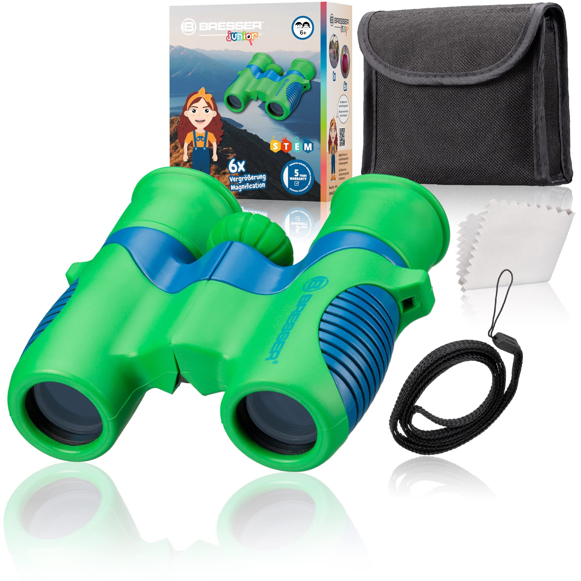 Junior Children's Binoculars 6 x 21 for Children with Medium Drive Focusing and Robust Rubber-Coated Binoculars Body Including Belt Bag and Carry Strap