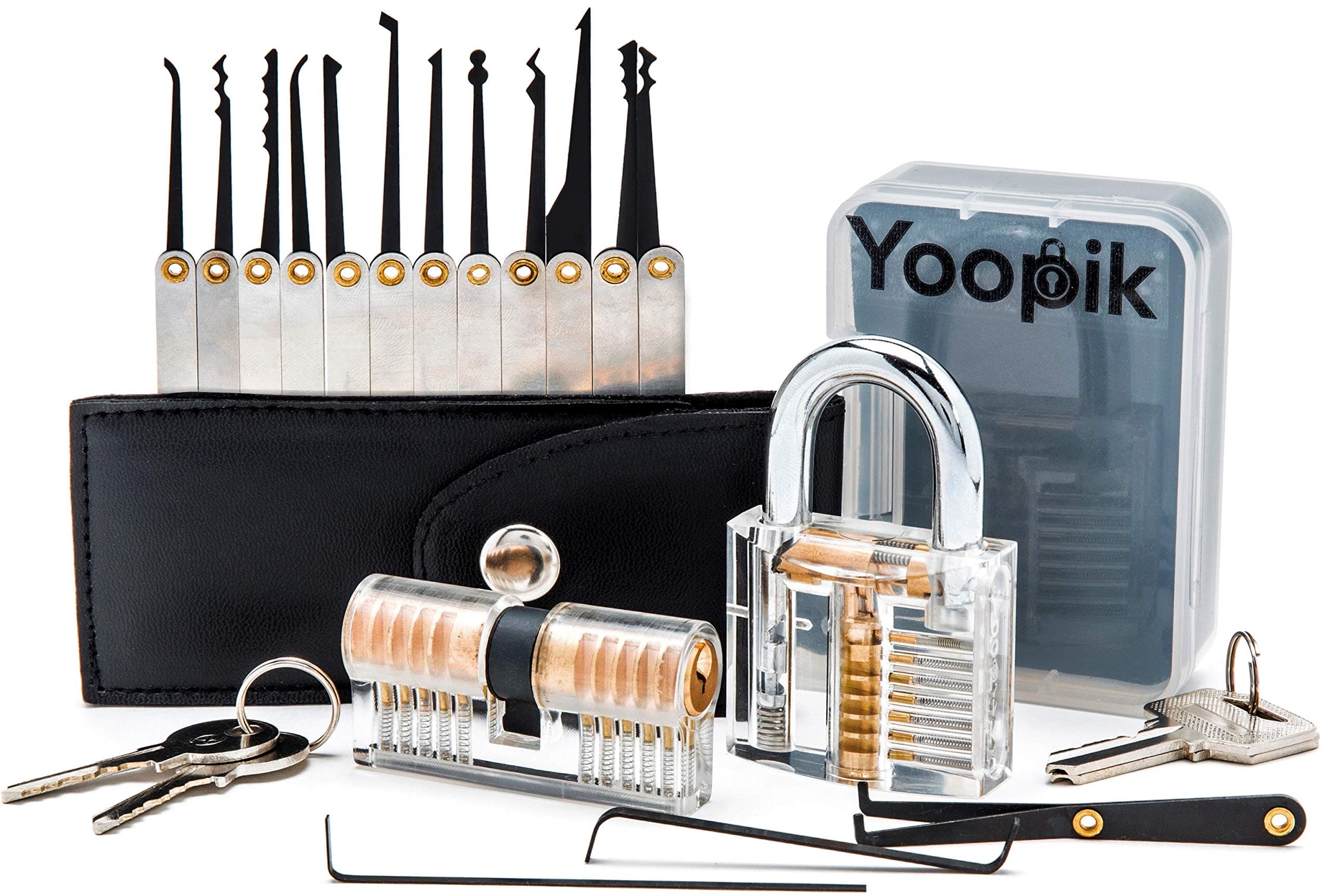 Yoopik Lock Picking Set 15 Pieces with Clear Transparent Padlock and Euro Cylinder for Lockpicking Training and Practice, a Carrying Pouch and Ebook Guide