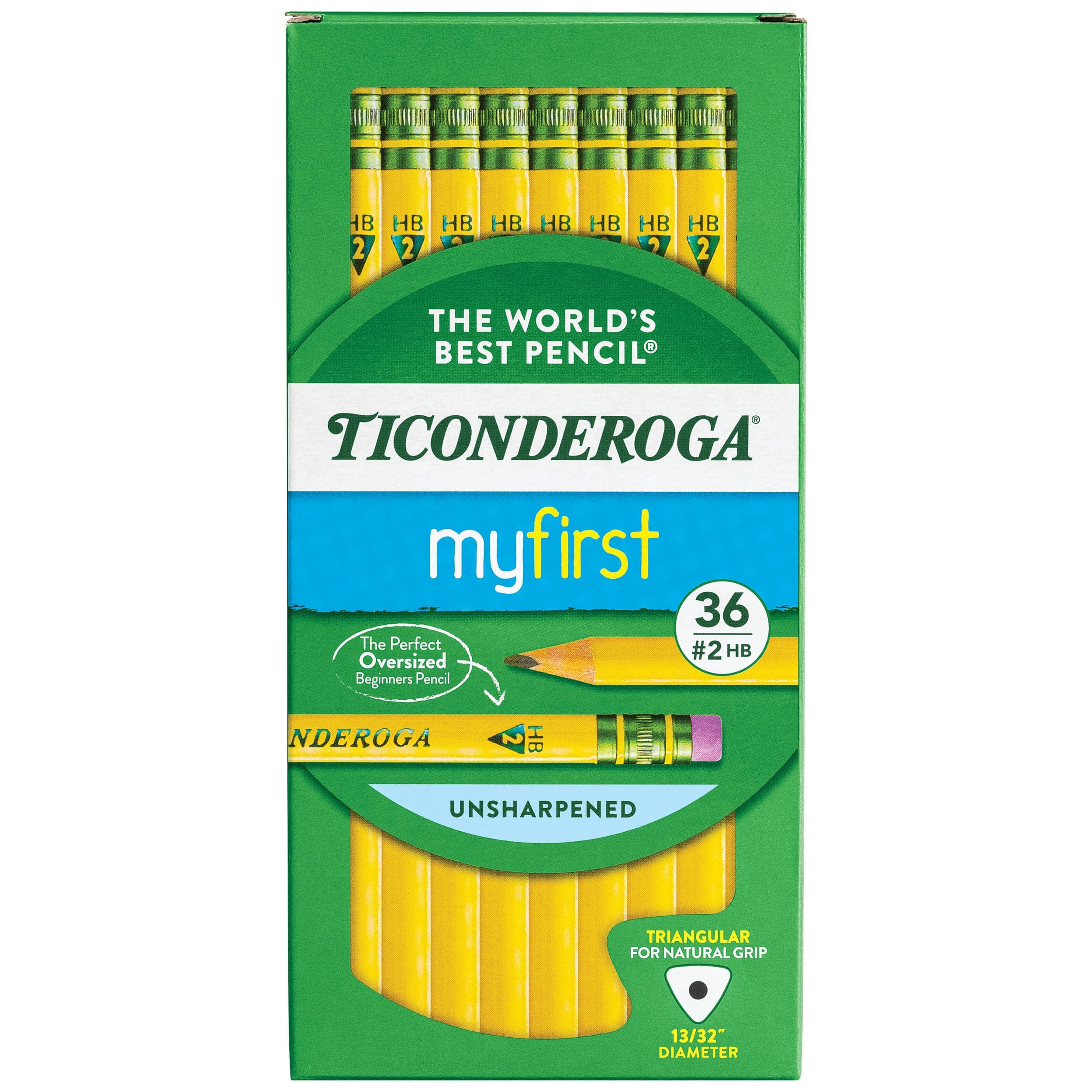 TICONDEROGA My First Tri-Write Pencils with Eraser, Primary Size Wood-Cased #2 HB Soft, Yellow, 36-Pack (13082)