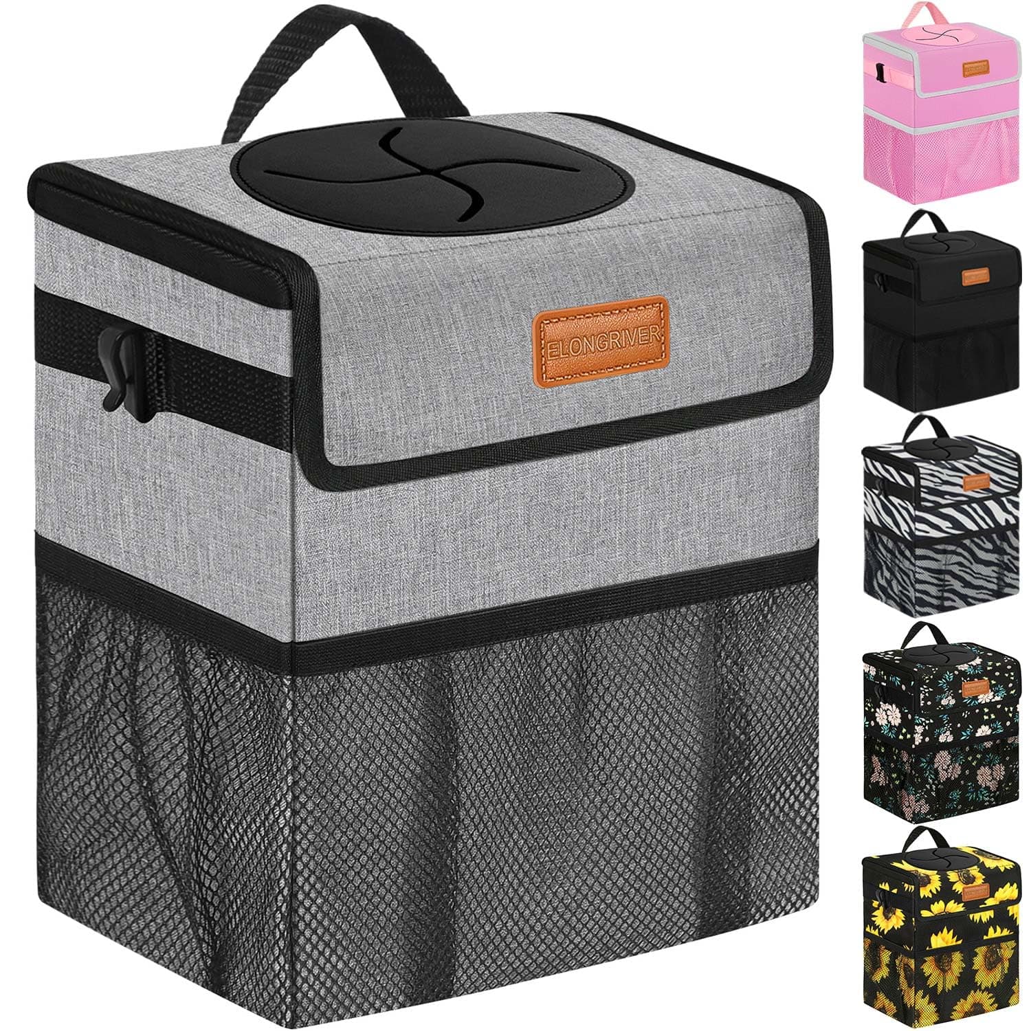 ELONGRIVER Car Trash Can Bin for Back Seat Leak Proof, Cute Car Trash Bag Hanging, Vehicle Trash Can for SUV Truck Van, Automotive Garbage Cans Front Seat Grey