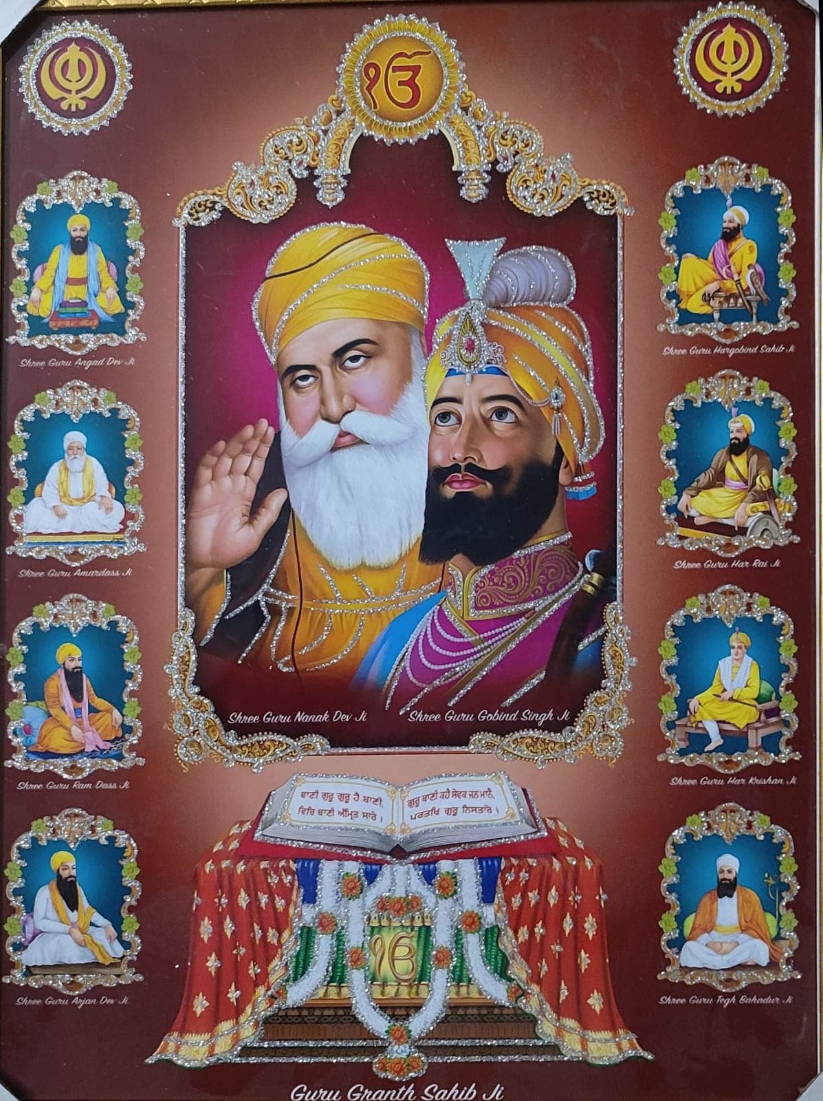 Sikh Guru, Guru Nanak Dev Ji & Guru Govind Singh Ji With 10 Gurus Religious Photo Frame ( 18 x 14 Inch)