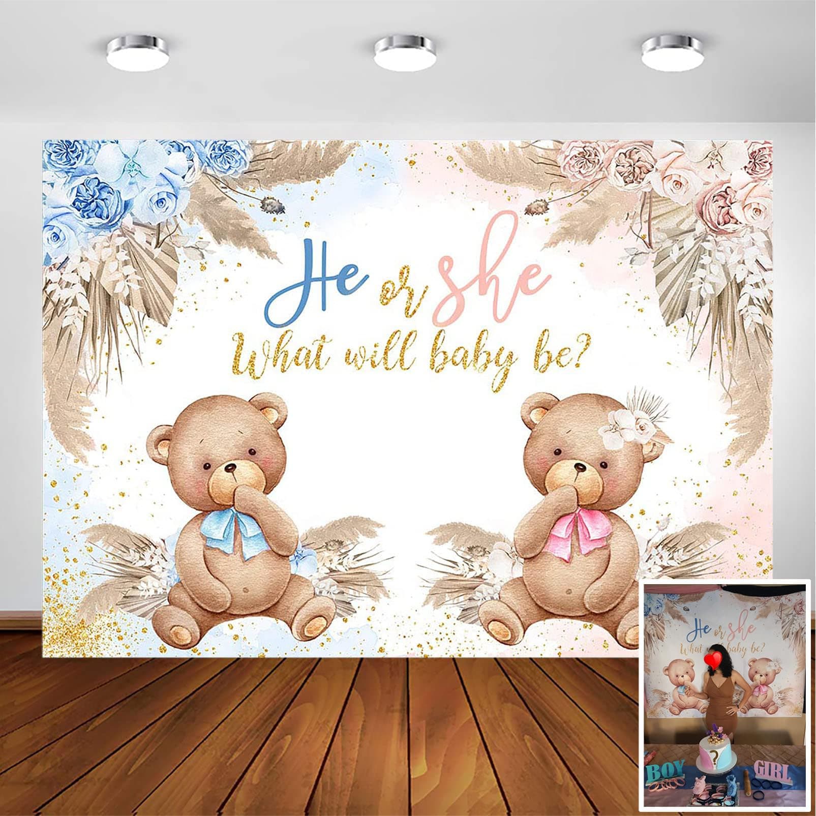 Avezano Boho Bear Gender Reveal Backdrop Banner He or She What Will Baby Be Decorations Pink or Blue Pampas Grass Photography Background(7x5ft)
