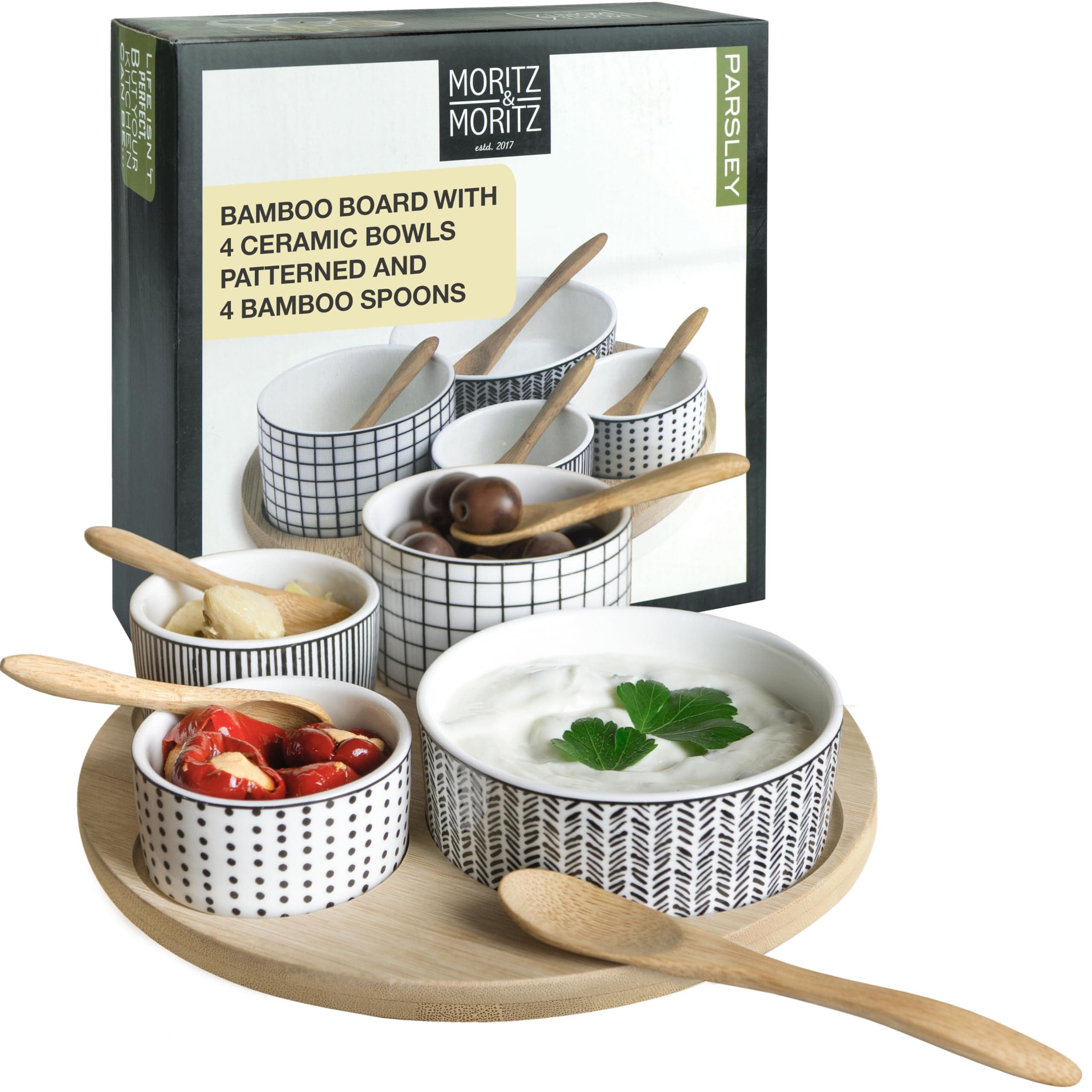 Moritz & Moritz 4X White Dip Bowl Set with Wooden Tray - Snack Bowls Set Ceramic - Serving Set with Spoons