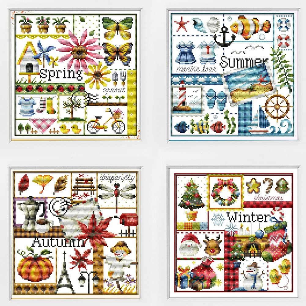 Awesocrafts 4 Pack Cross Stitch Kits, Four Seasons Easy Patterns Cross Stitching Embroidery Kit Supplies, Counted (Four Seasons, Counted)