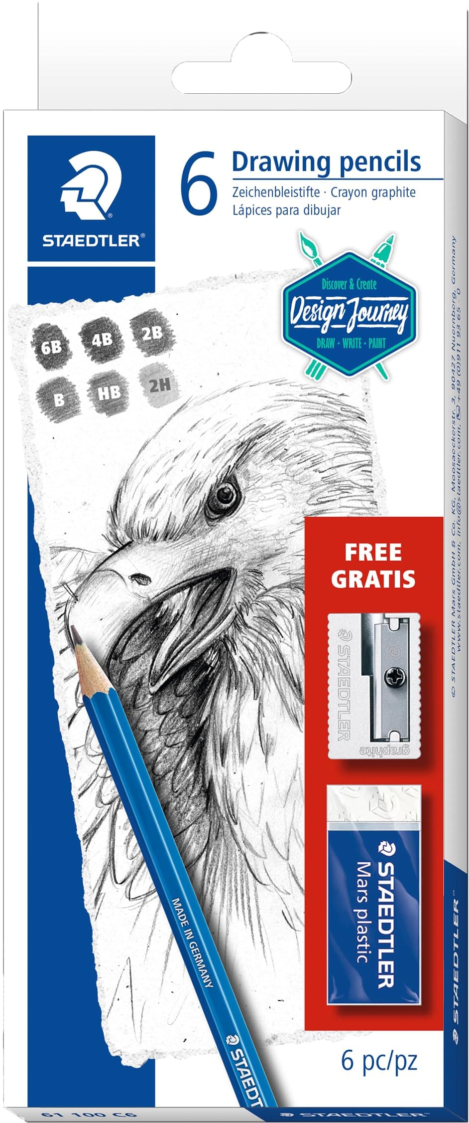 Mars Lumograph Art Set | 6 Assorted Sketch Pencils For Drawing, Polymer Block Eraser and Metal Sharpener 61 100 C6