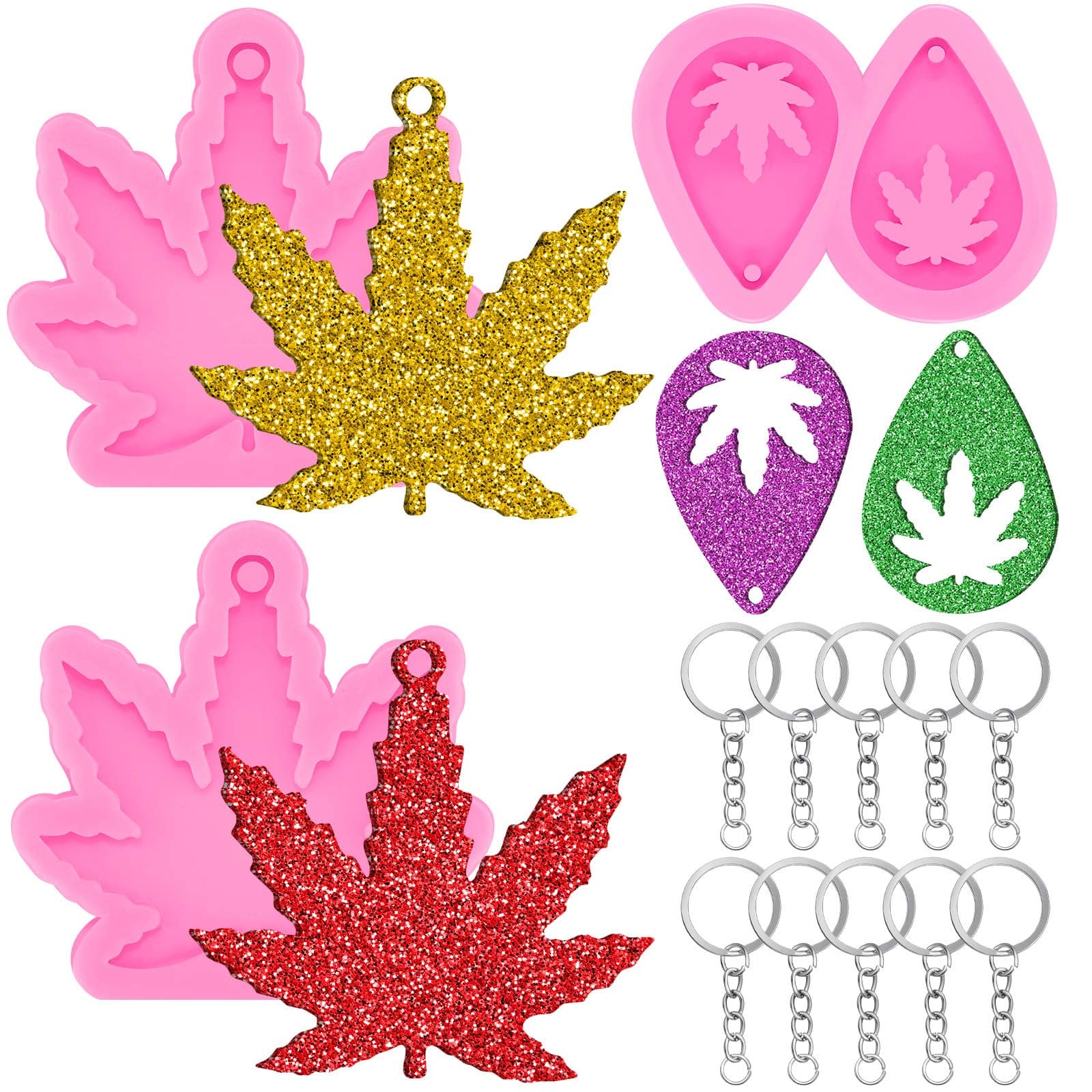3 Pieces Maple Leaf Silicone Molds Pot Leaves Shaped Keychain Molds Hollow Leaf Shaped Earring Chocolate Candy Clay and 10 Key Rings with Chain for DIY Baking Crafting Decor