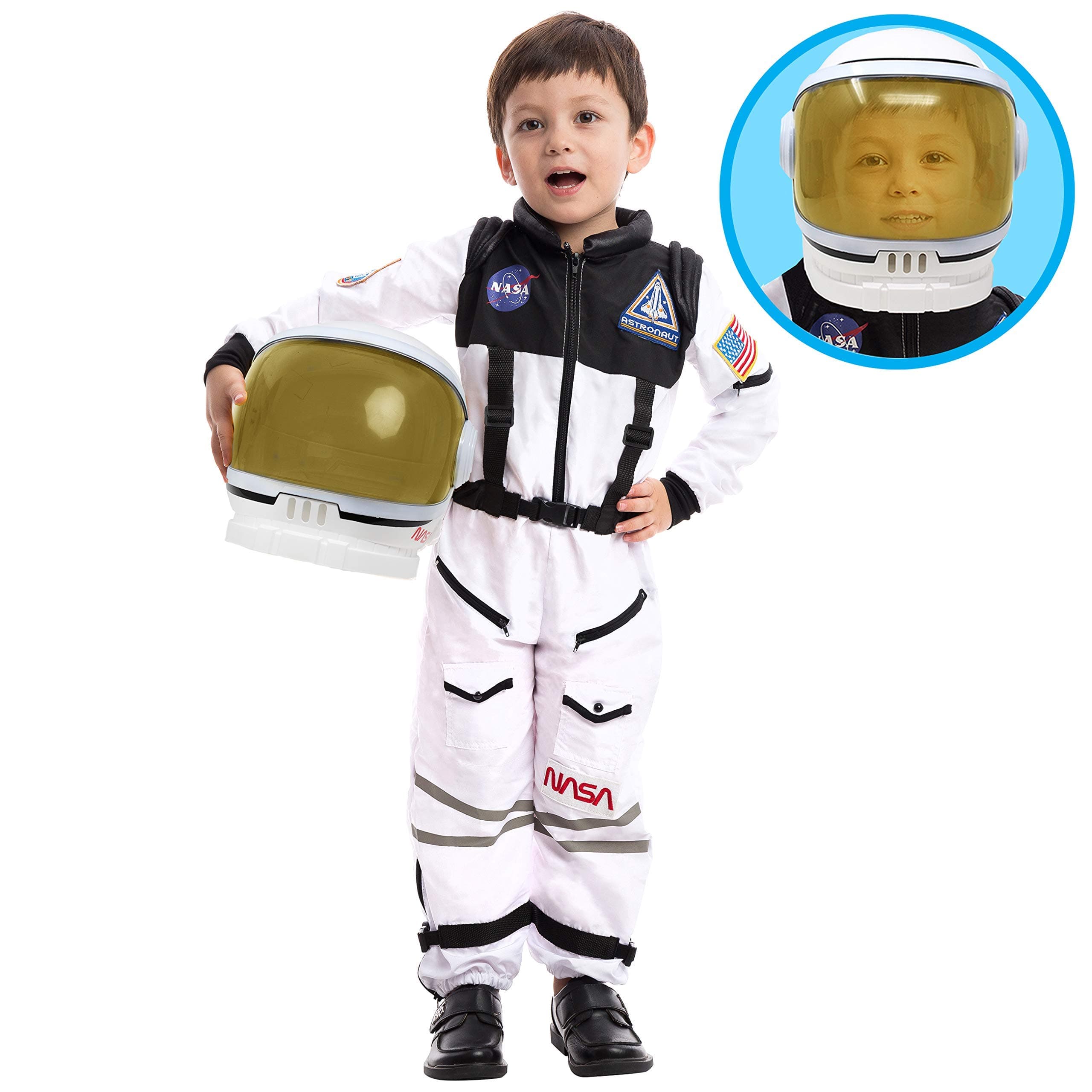 Spooktacular Creations Astronaut Pilot Costume Kit with Helmet Mobile Visor for Children, Boys, Girls, Children Space Roleplay Dress up, Schoolroom, Halloween Favors (White, Small)