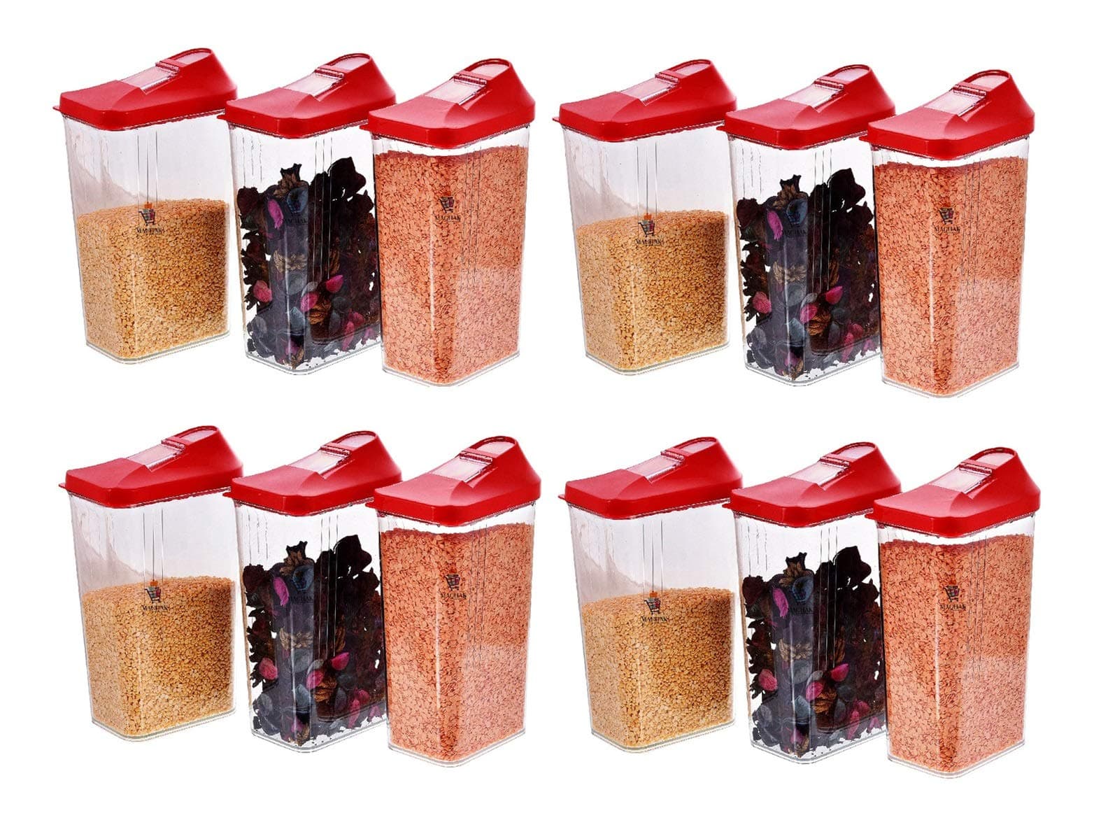 Slings Easy Flow Grocery Storage Kitchen Container Set of 12Pieces , 1500 ml, (Red)