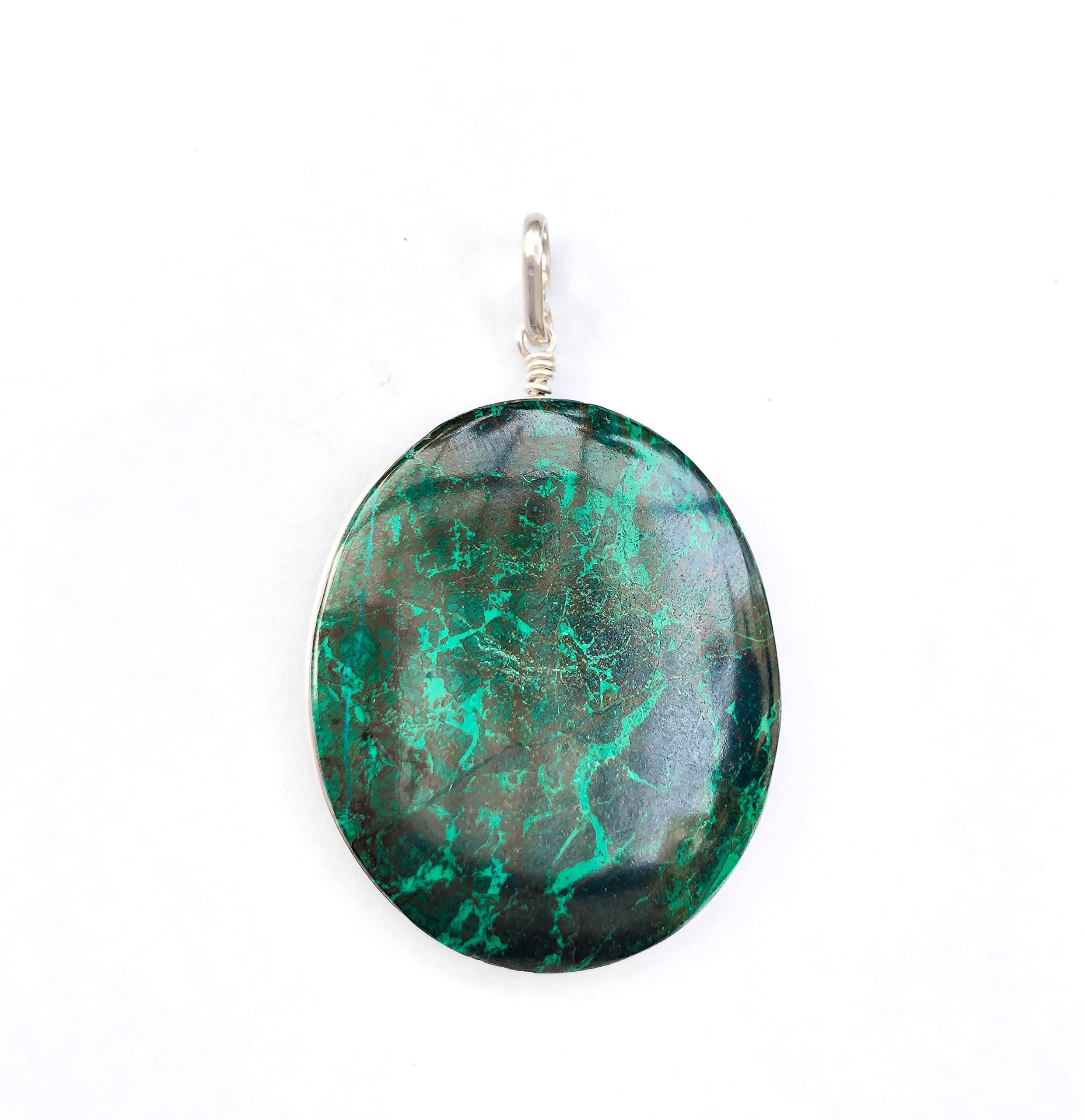 Sterling silver and Eilat stone pendant, Oval shaped Large size Natural blue green stone