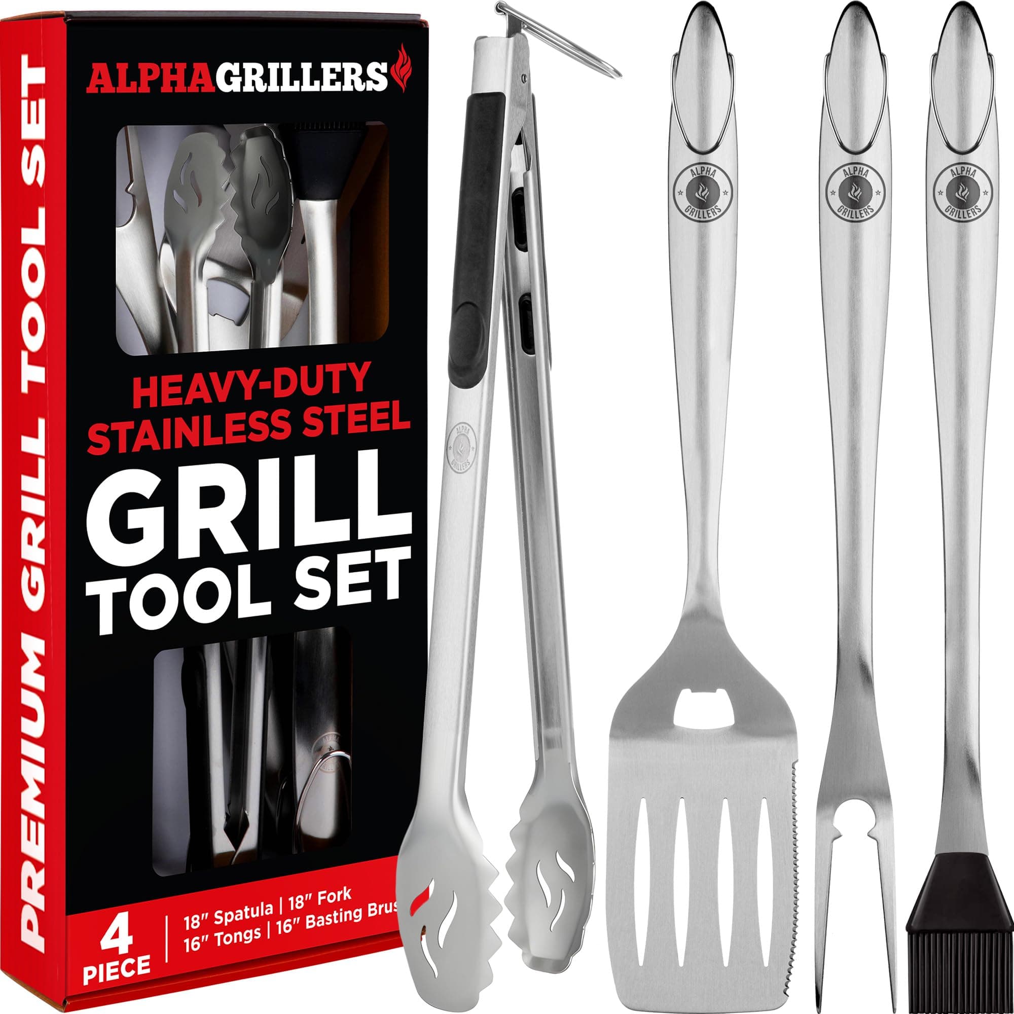Alpha Grillers Grill Set Heavy Duty BBQ Accessories - BBQ Tool Set 4pc Grill Accessories with Spatula, Fork, Brush & BBQ Tongs - Gifts for Dad Durable, Stainless Steel Grill Tools