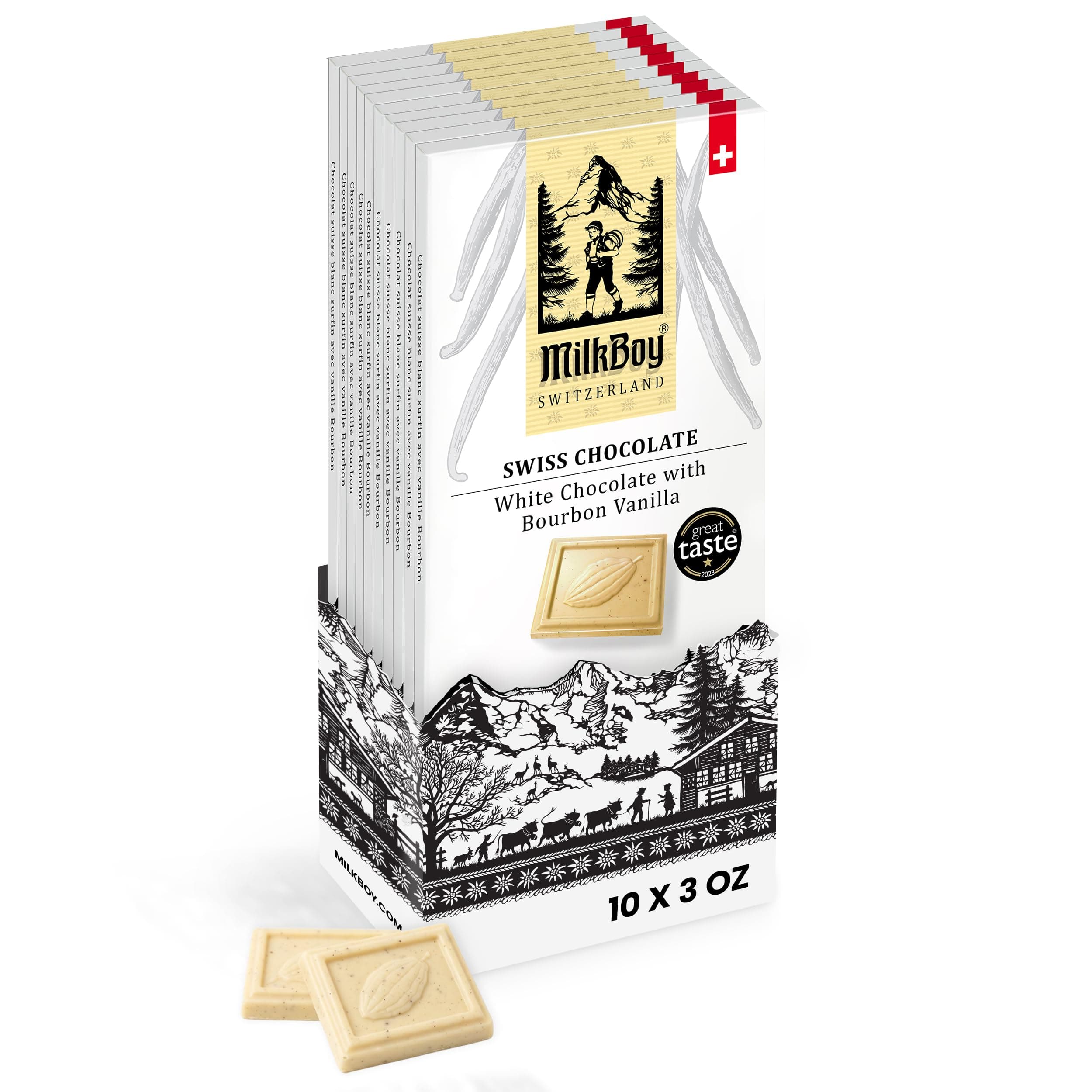 White Chocolate Bars - Gourmet Bourbon Vanilla Chocolate Bars - Made with Pure Natural Vanilla - White Premium - Gluten Free - Non-GMO - Kosher - 3 oz, Pack 10