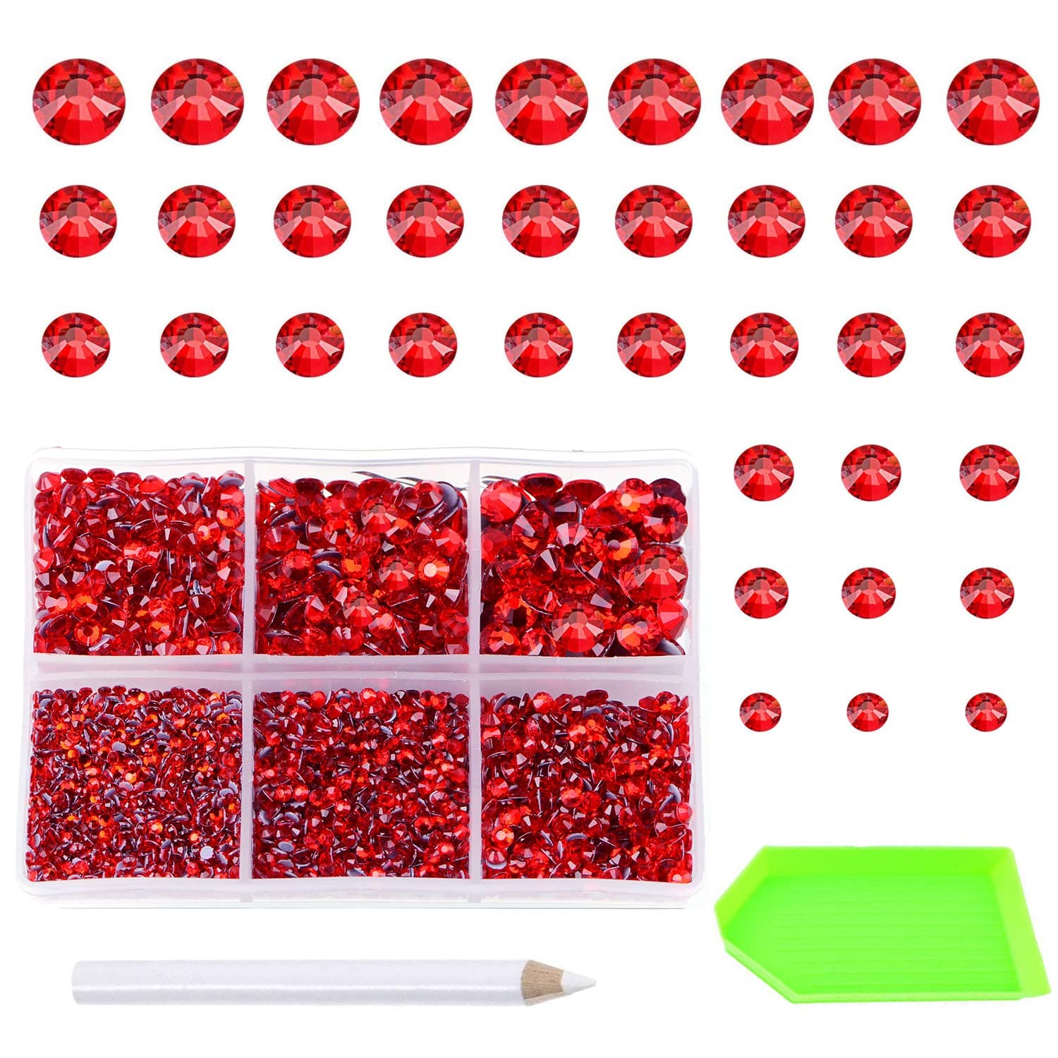 AD Beads 4500 Pieces Hotfix Rhinestones Flat Back 6 Sizes (2-6 mm) Crystal Round Glass Gems with Tweezers and Picking Rhinestones Pen or Crafts Nail Face Art Bags Clothes Shoes DIY (Red)