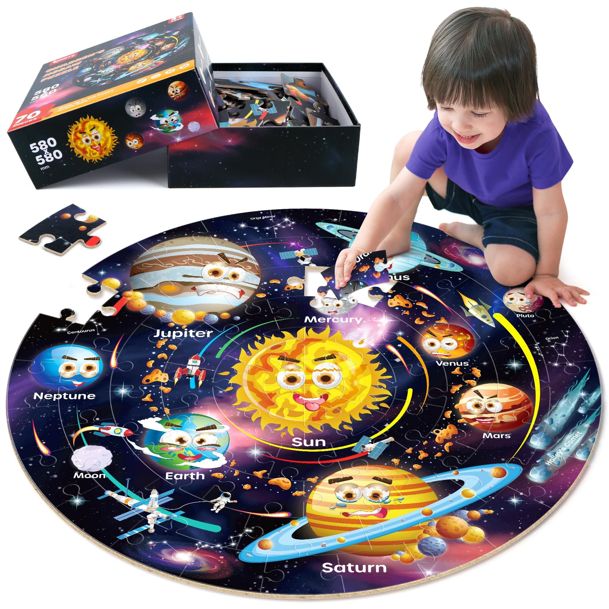 Solar System Floor Puzzles for Kids Ages 4-8, Large 70 Piece Jigsaw Puzzles for Kids Ages 4-6, Space Planet Astronaut Toys Puzzles, Preschool Learning Toys, Easter Basket Stuffers for Boy Girl