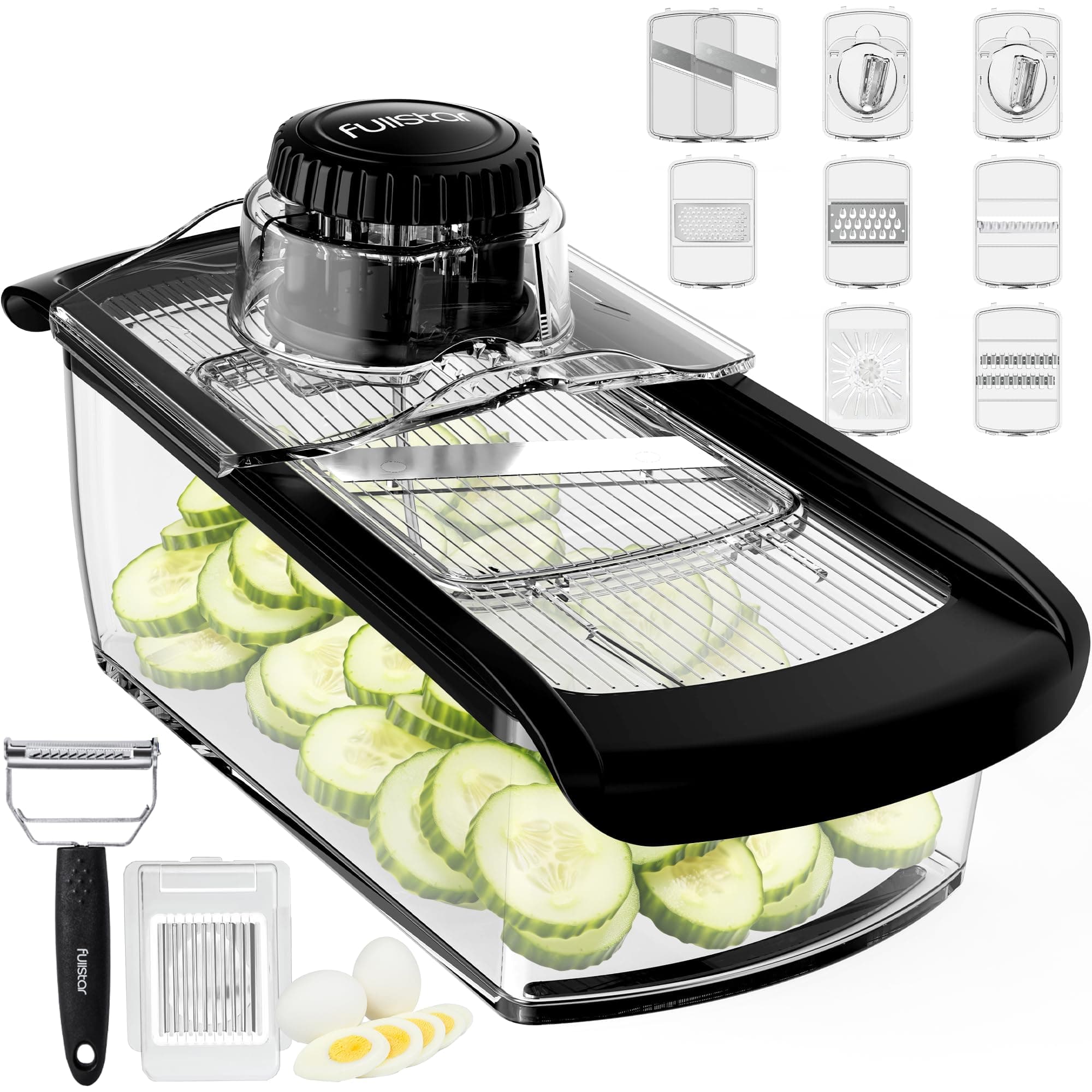 Mandoline Slicer for Kitchen, Cheese Grater Vegetable Spiralizer and Veggie Slicer for Cooking & Meal Prep, Kitchen Gadgets Organizer & Safety Glove Included (11 in 1, Clear)