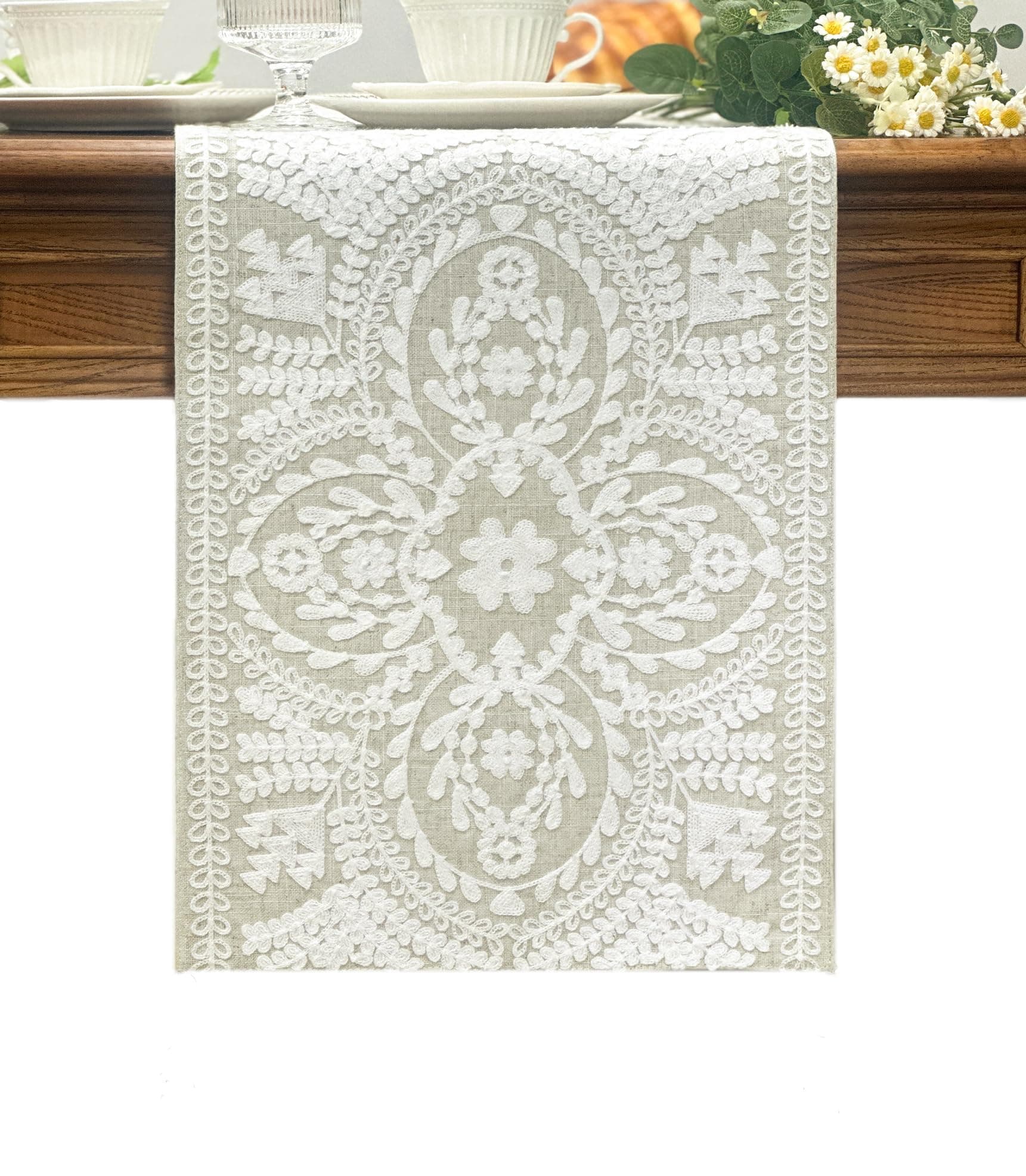 KEVA Boho Table Runner 91inches Long, Farmhouse Rustic Vintage White Embroide...
