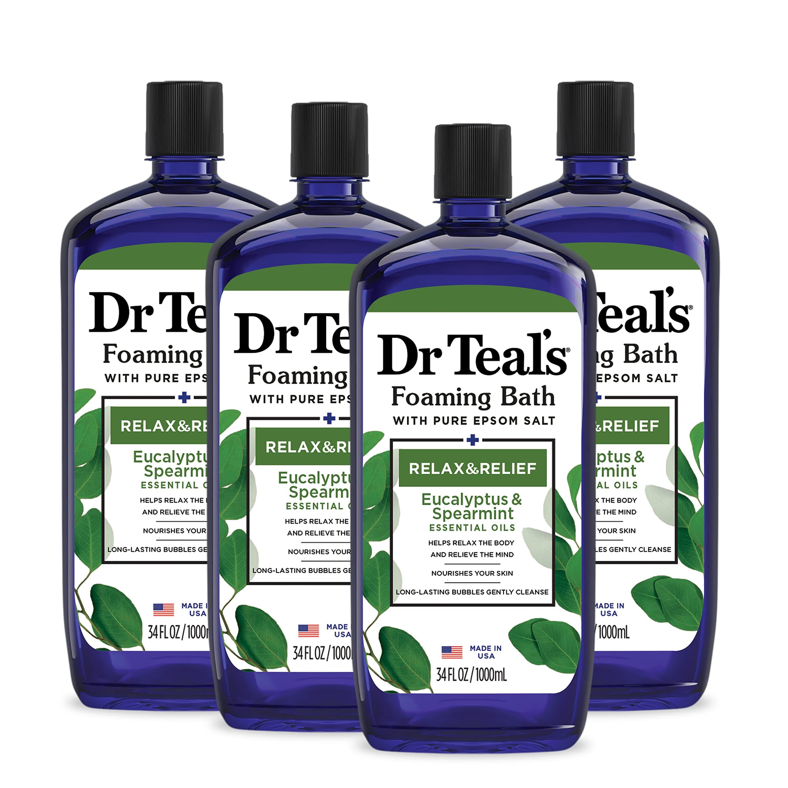 Dr Teal's Foaming Bath with Pure Epsom Salt, Relax & Relief with Eucalyptus & Spearmint, 34 fl oz (Pack of 4)