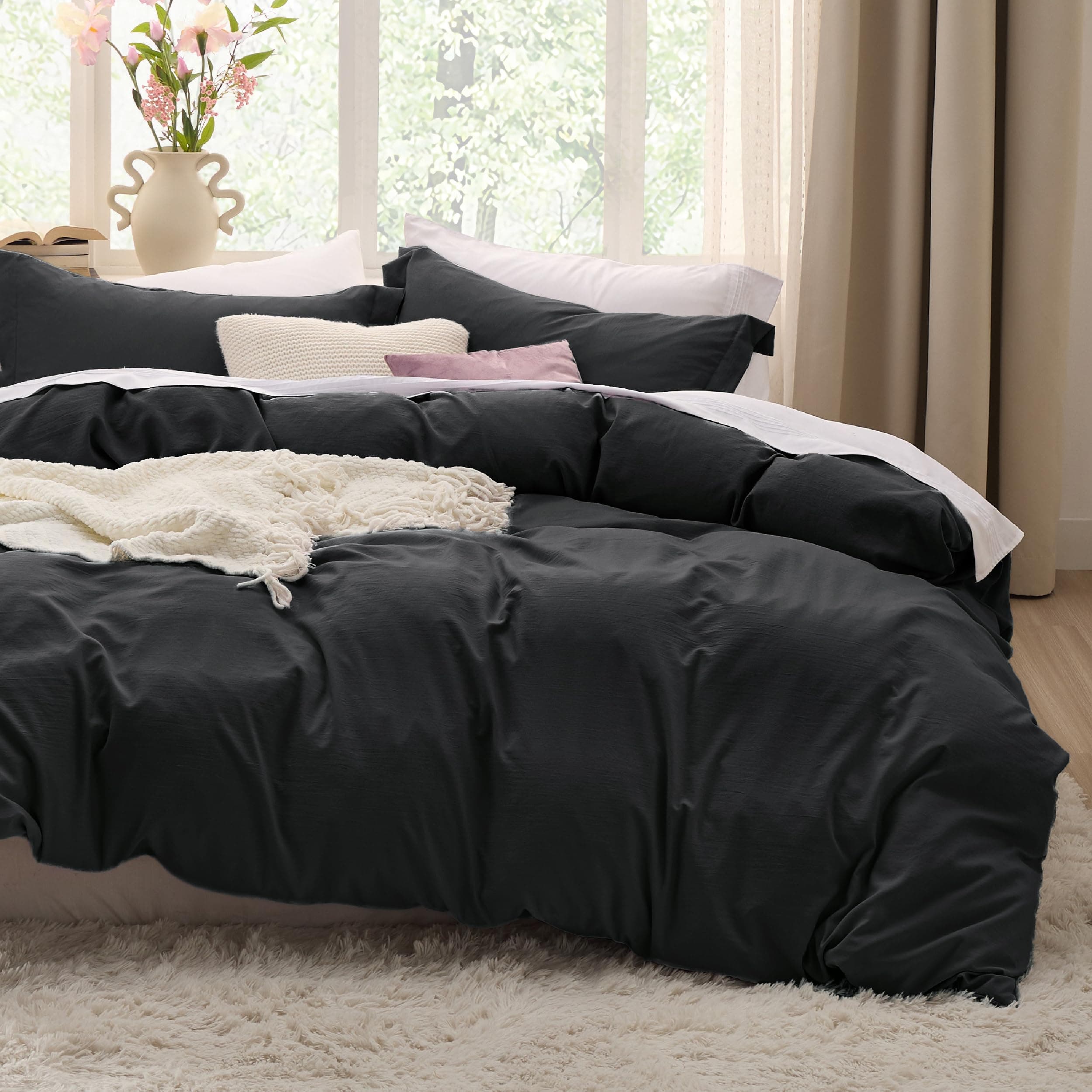 Black Duvet Cover Full Size - 3 Pieces Prewashed Extra Soft Cotton-Like Polyester Bedding Set, Includes 1 Duvet Cover 80x90 Inches with Zipper Closure & 2 Pillow Shams, Comforter Not Included