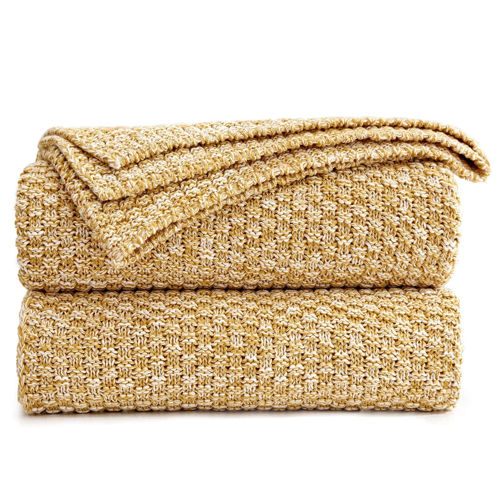 Longhui bedding Gold Knitted Throw Blanket for Couch, Soft, Cozy Machine Washable 100% Cotton Sofa Blanket, 60”x80”, Mustard Yellow and White, Laundry Bag Included