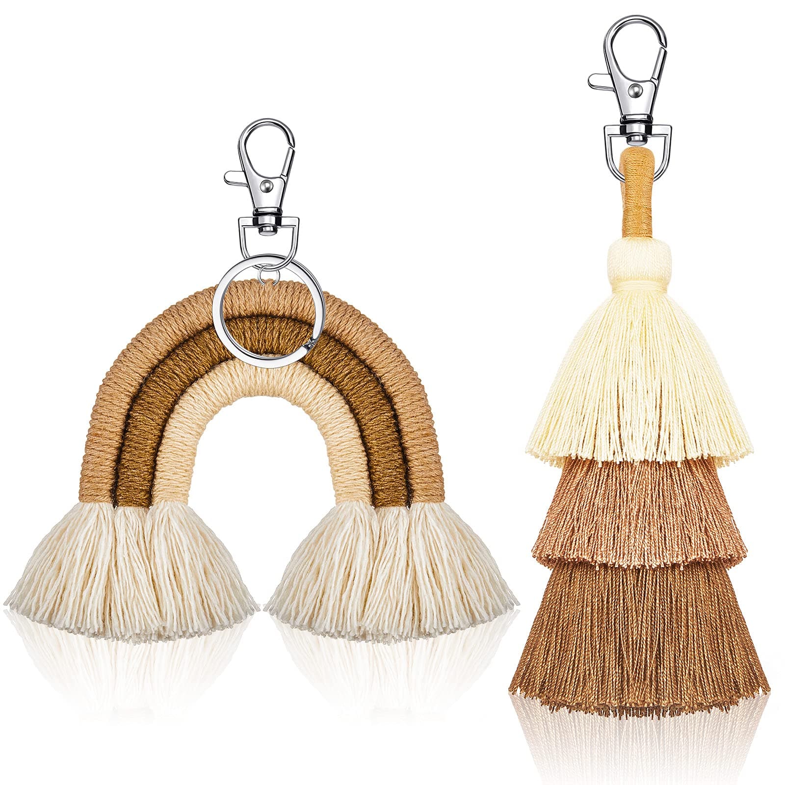 Hicarer 2 Pieces Boho Rainbow Keychains Pom Pom Tassel Macrame Keychains for Women