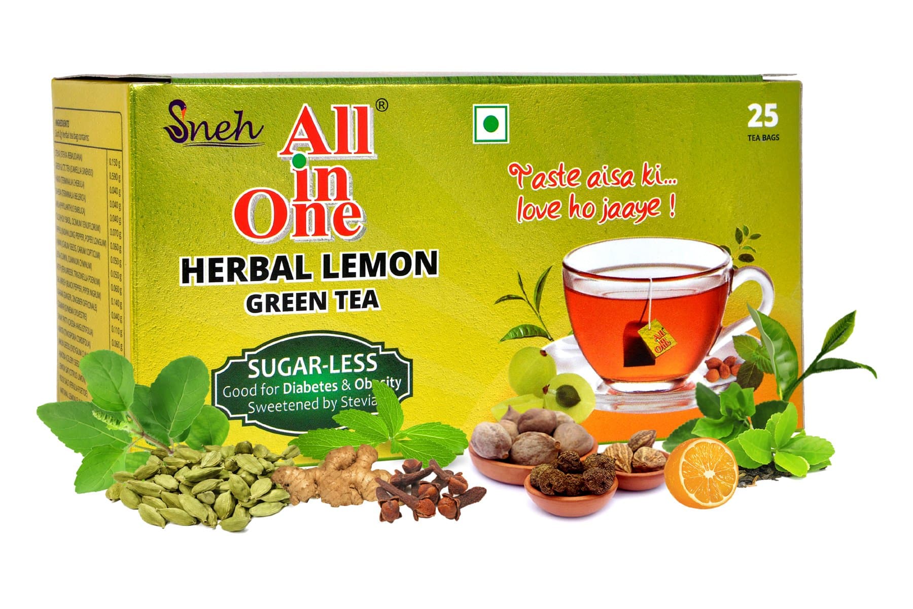 All in One Herbal Lemon Green Tea Sugar -Less 25 Tea Bags, 190 Grams