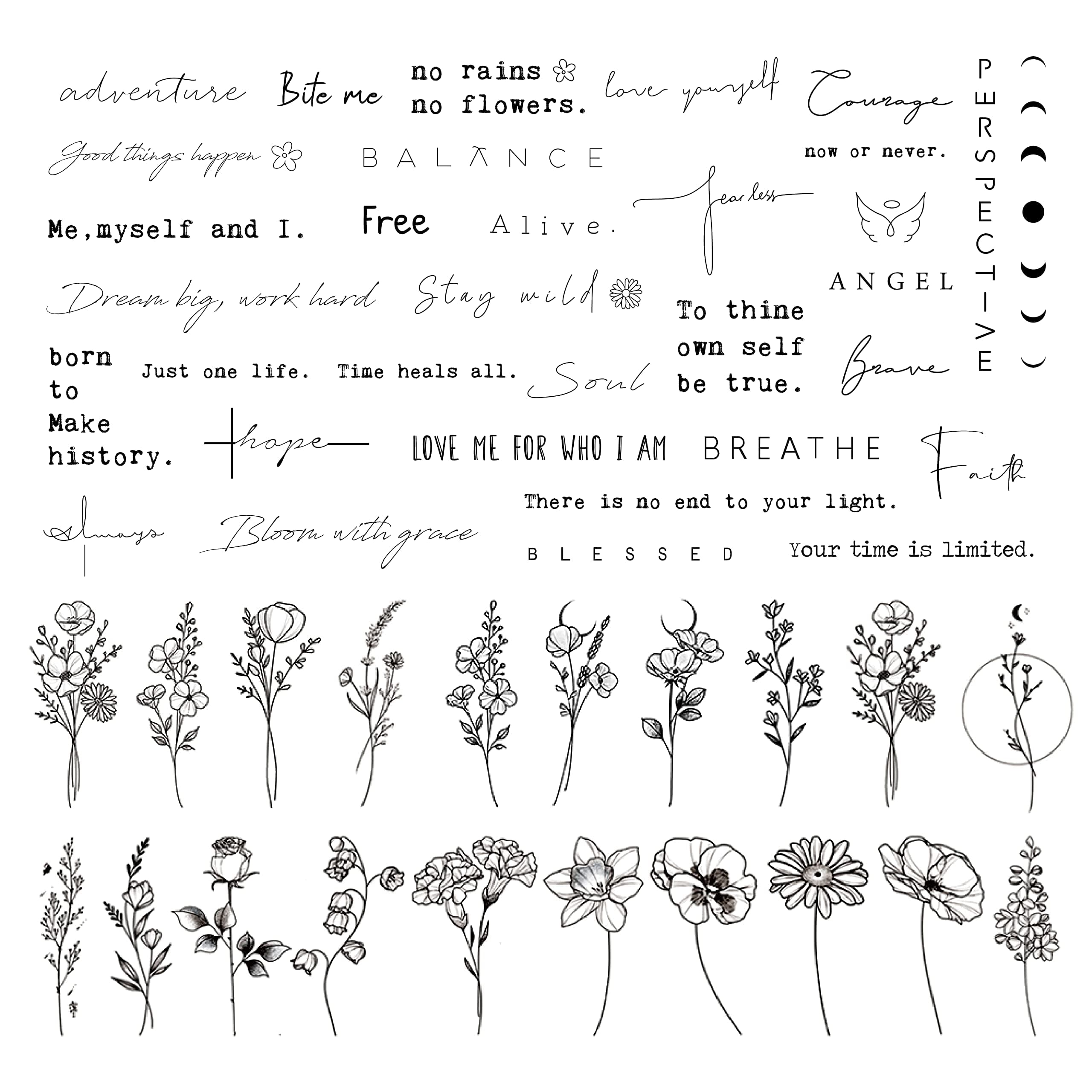DIVAWOO Realistic Temporary Tattoo - 60 Sheets Tiny Fake Tattoos, 40 Pcs Inspirational Words Tattoo, 20 Pcs Wild Flower Floral Bouquet Stickers for Adult Women Face Body Hand