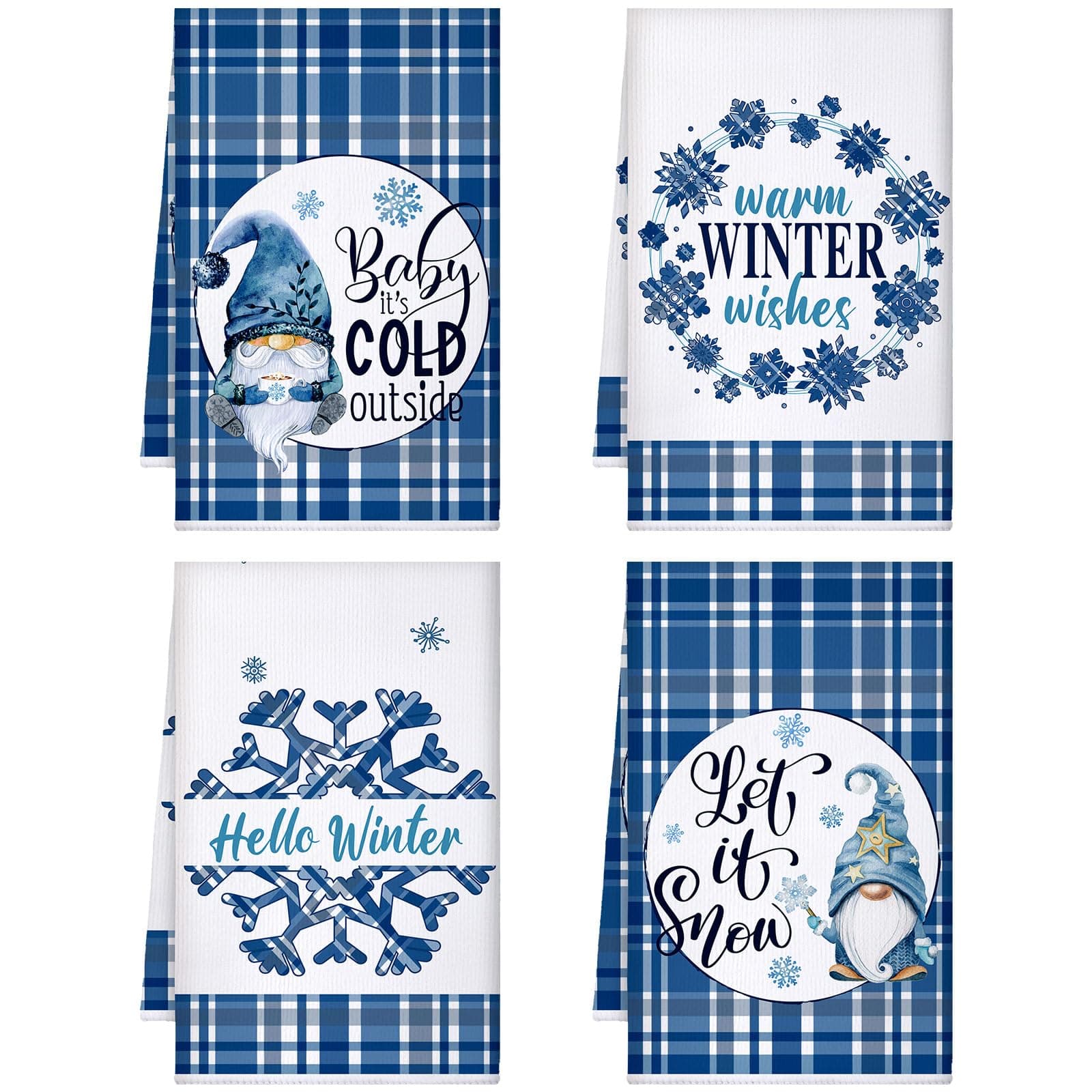 Patelai 4 Pack Winter Kitchen Towels Blue White Snowflake Gnome Dish Towels Buffalo Plaid Bathroom Hand Towel Farmhouse Christmas Tea Towel Winter Decorations for Home Indoor Kitchen Holiday Xmas Gift