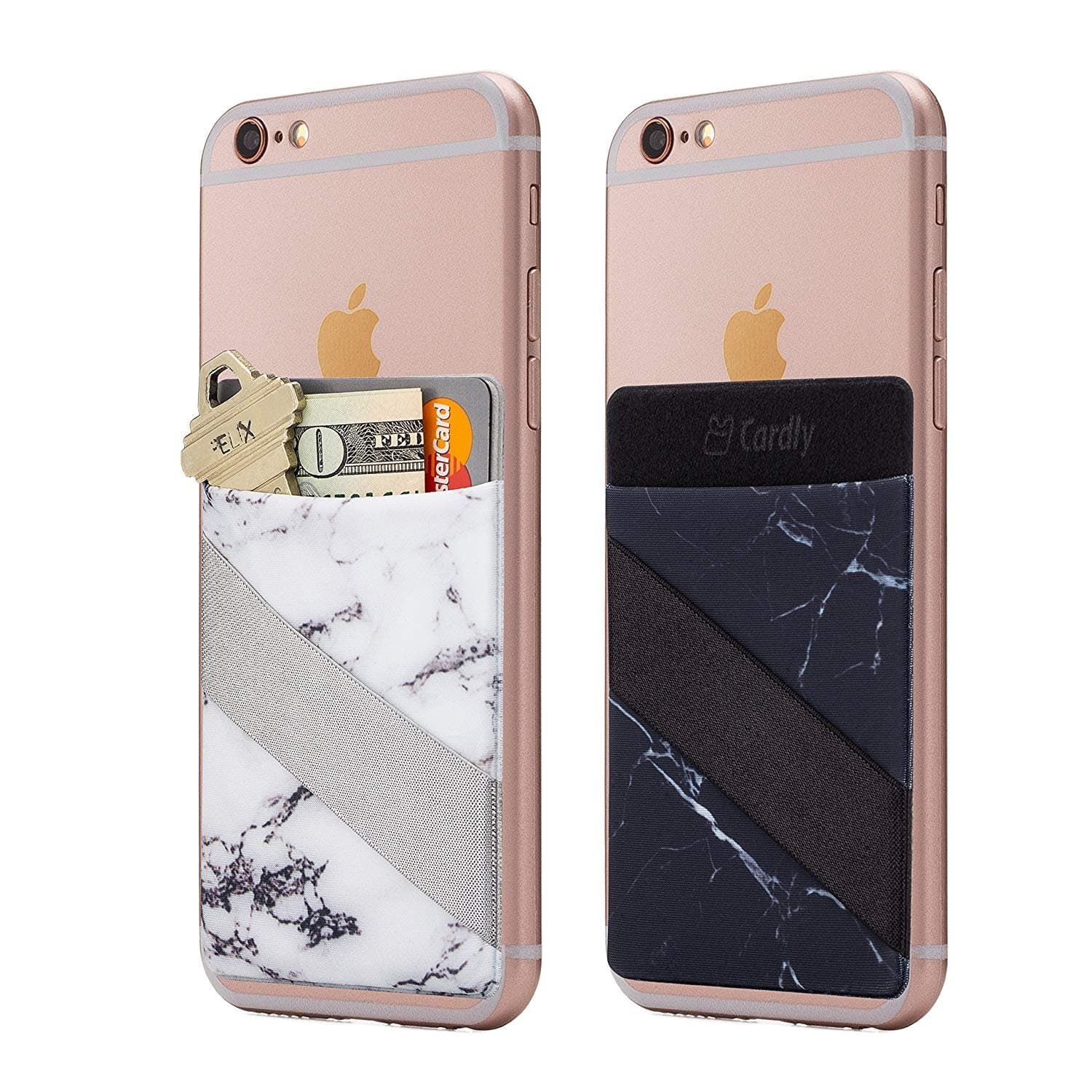 Cardly (Two) Finger Strap Cell Phone Stick on Wallet Card Holder Phone Pocket for iPhone, Android and All Smartphones. (White & Black)