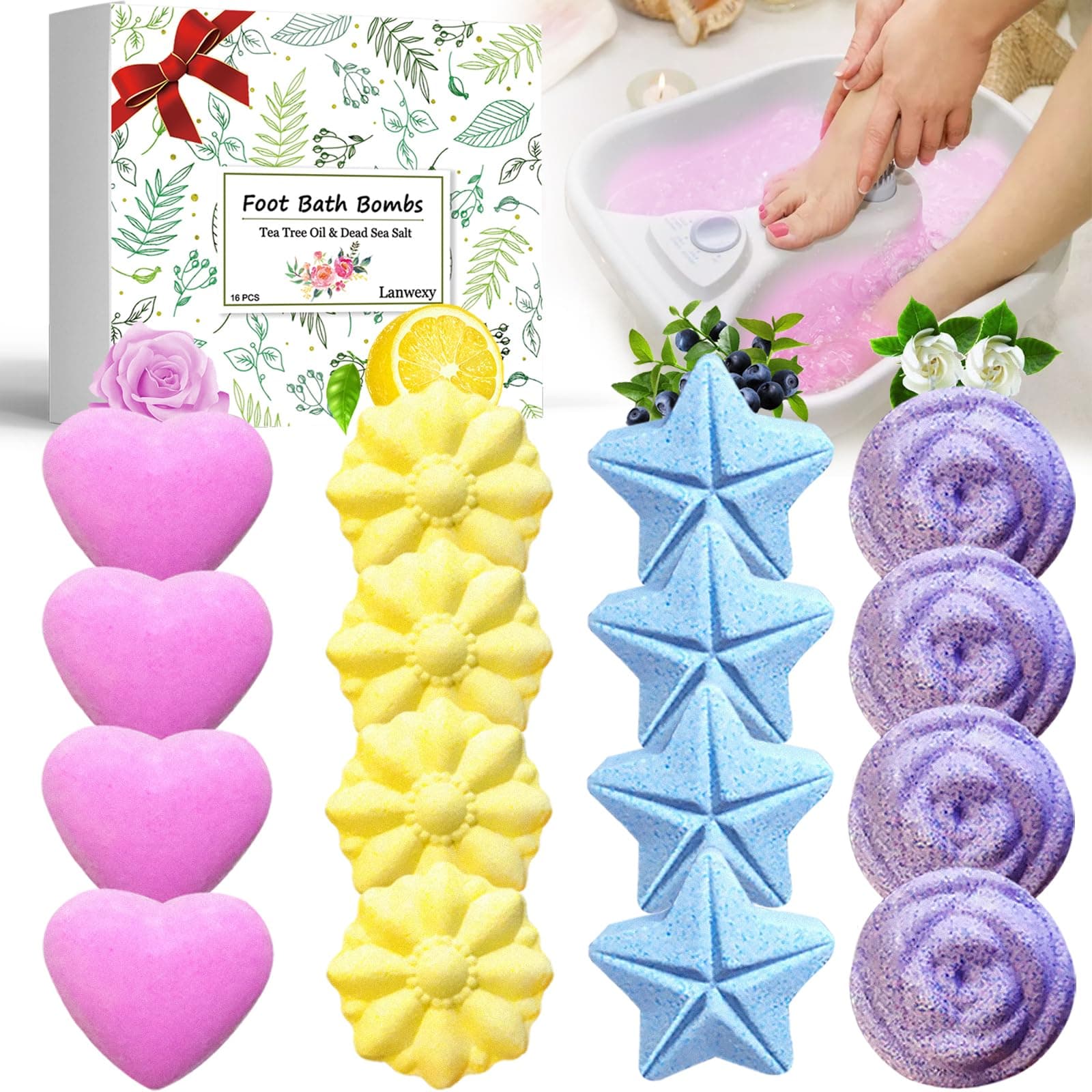 Lanwexy Bath Foot Bombs, 16 Pack Foot Soak with Bath Salt and Tea Tree Oil for Christmas. Organic Natural Handmade Aroma Pure Essential Oil Bubble Feet Balls for Foot Callus, Stubborn Feet Odor Scent.