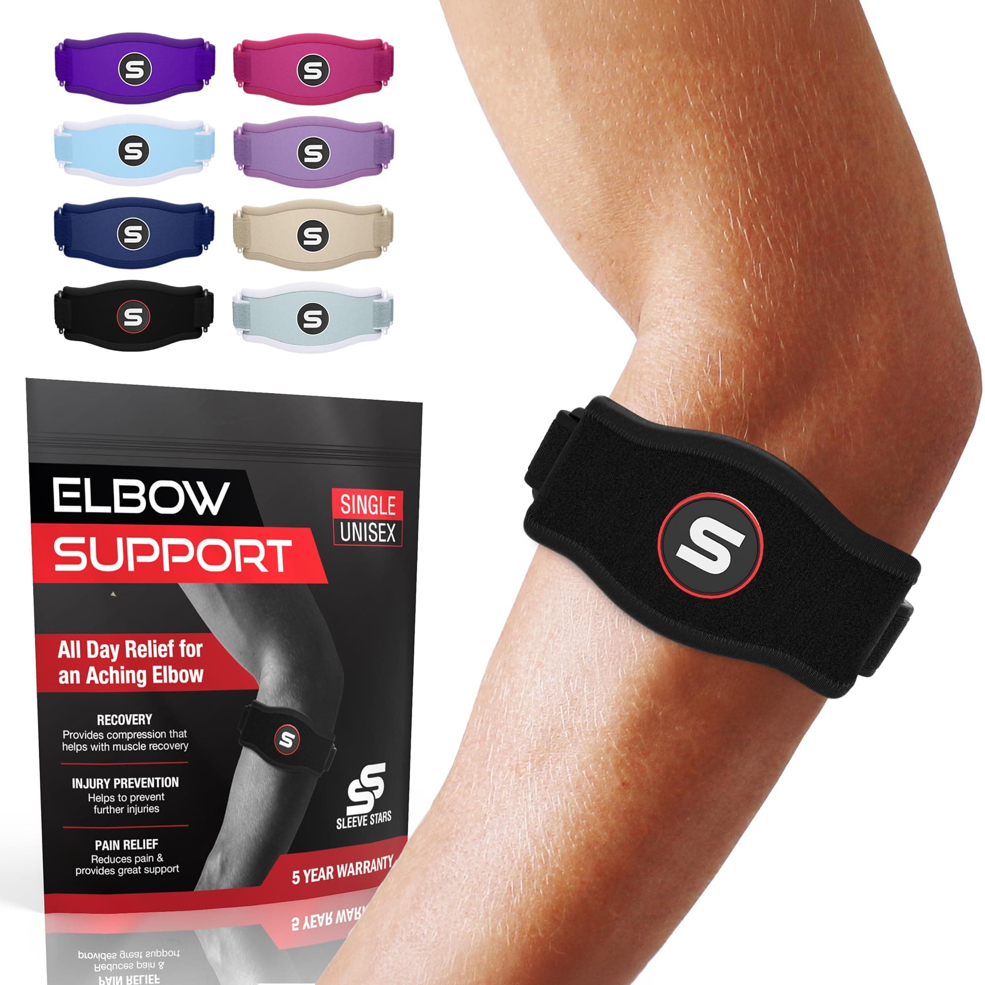 Sleeve Stars Tennis Elbow Support Strap, Golfers Elbow Support for Men & Women Epicondylitis Clasp, Counterforce Arm Band for Tendonitis Relief, w/ 3 Straps Length, Fits 9"-23" (1, Black, One Size)