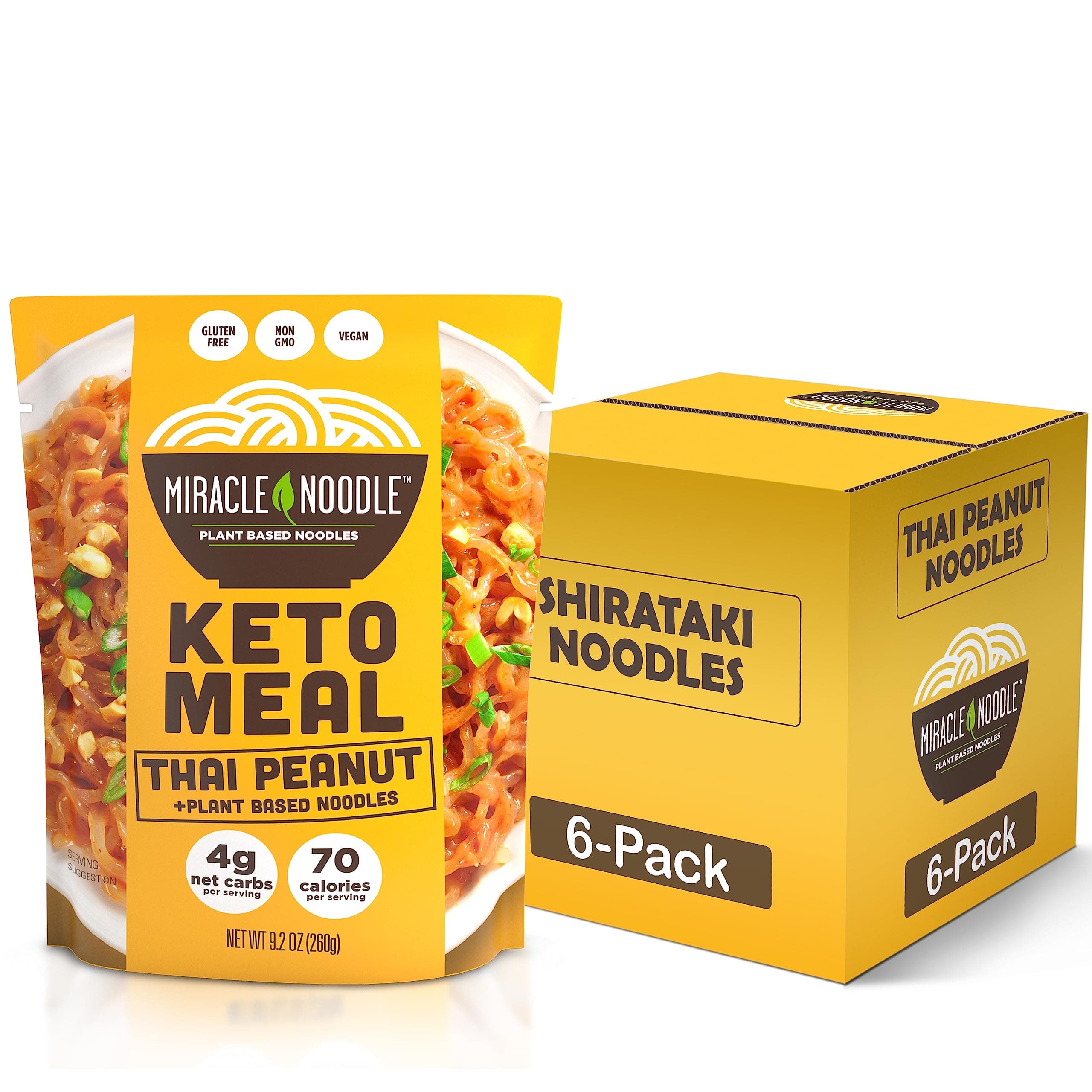 Miracle Noodle Thai Peanut Ready To Eat Meal, 10 Oz (Pack of 6), Plant Based Shirataki Konjac Noodles, 70 Calories Per Serving, Low Carb, Gluten-Free