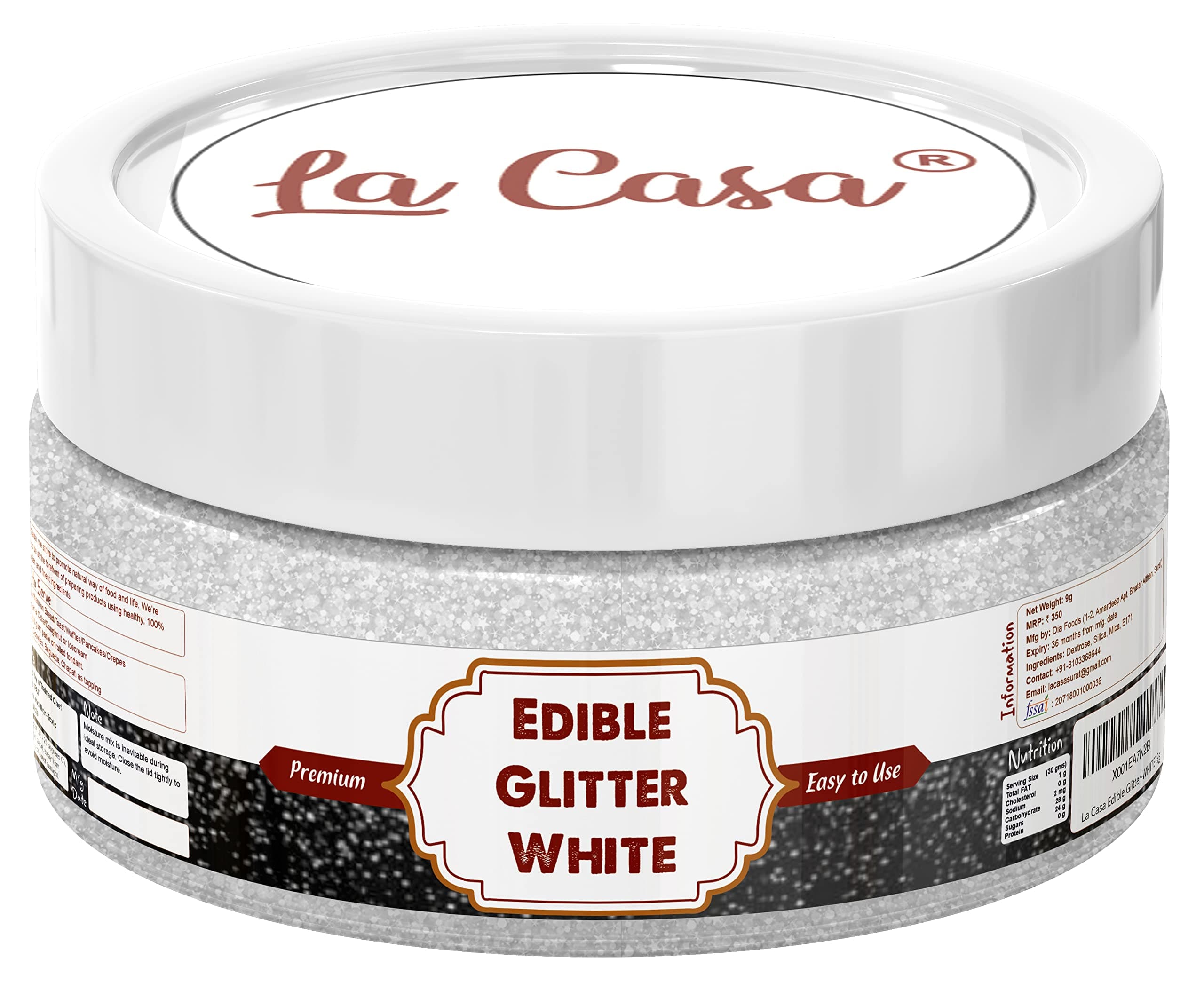 Premium Edible Glitter - WHITE | Metallic Glitter Ideal for Cake Icing Decoration & Garnishing | 9g |