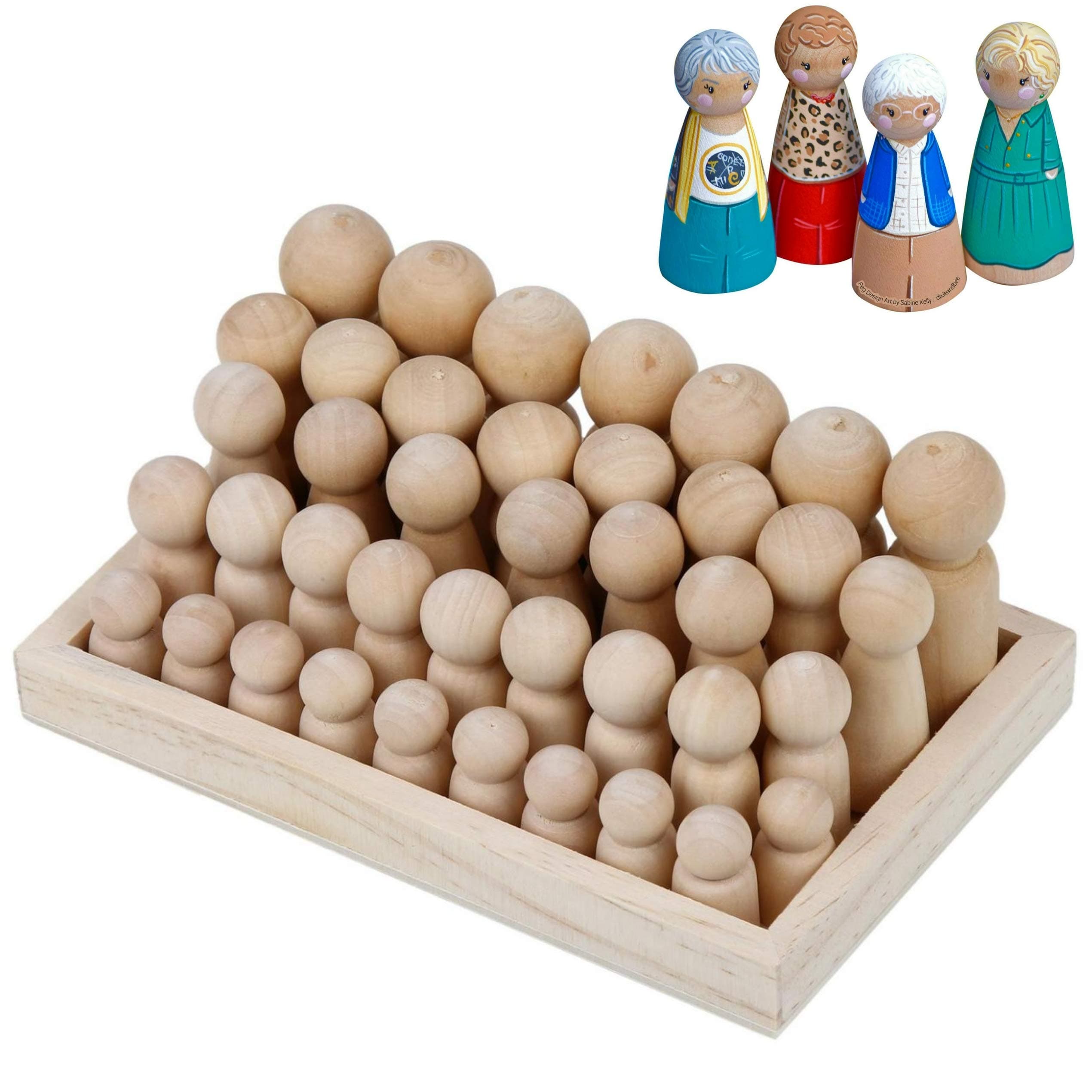 Wooden Peg Dolls Unfinished with Storage Display Case - Full Set Natural Wood