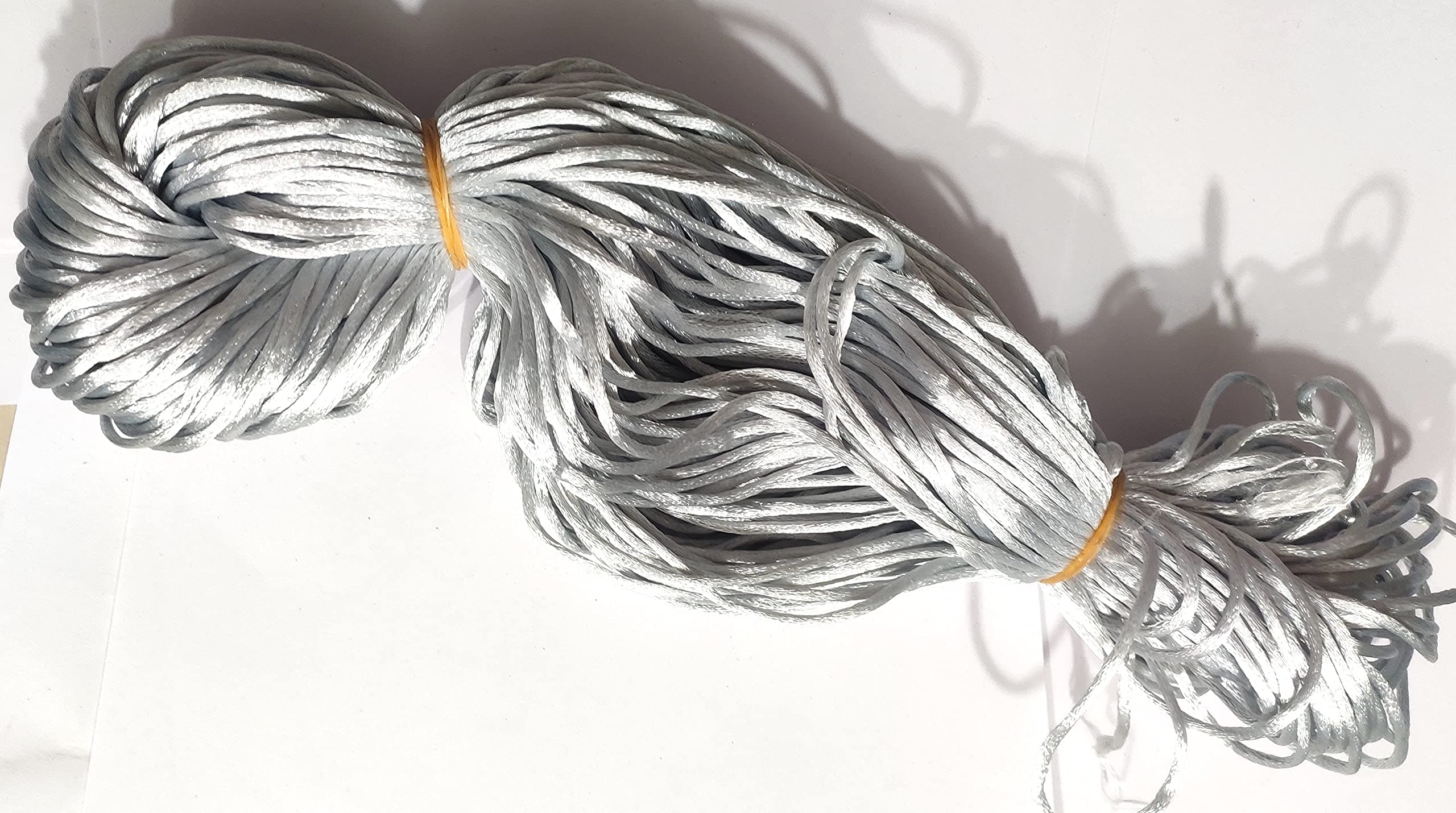 OMX 2.5 MM, 60 to 75 Mtr, Thick Malai Macrame Cord/Malai Dori/Silk Macrame, Bugtail Satin Cord Shamballa Beading Kumihimo String (Silver Colour)