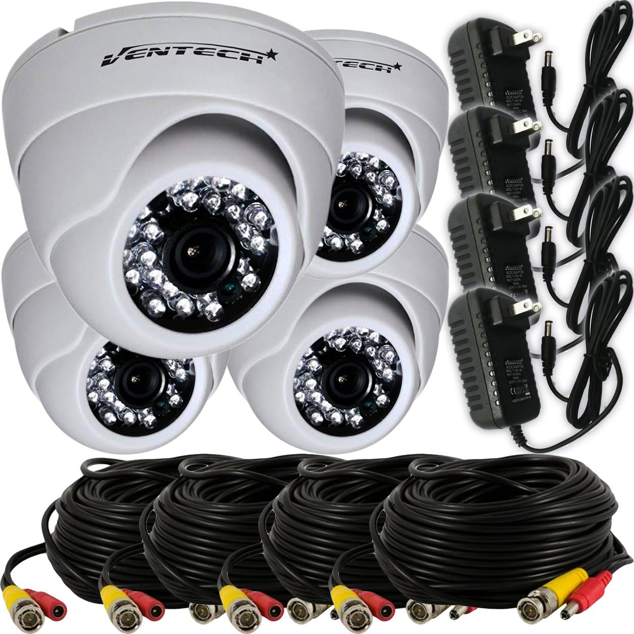 CCTV Cameras Security Surveillance ir Dome Camera (4 Pack) 1000TVL 24 IR LED Day Infrared IR Cut Night 960h 12v Home CCTV cam Wide Angle 3.6mm Audio with Cable Power Supply Kit Bundle Pack