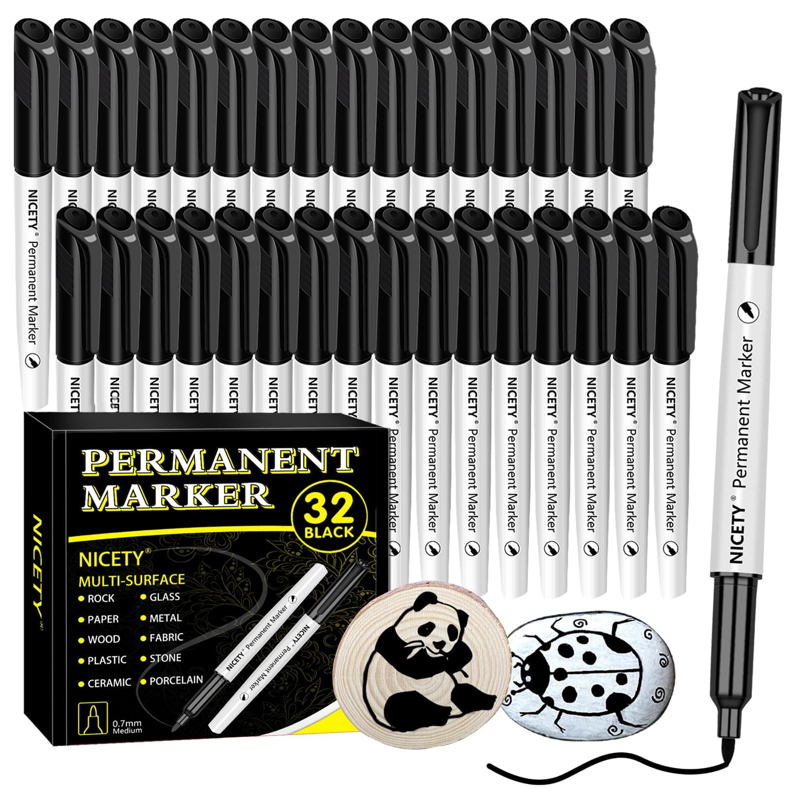 NICETY Black Permanent Markers Pens - 32 Pack Fine Point Permanent Marker Pens Set For Artists Adults, Use On Glass Rock Paper Ceramic Wood Metal Plastic For Marking