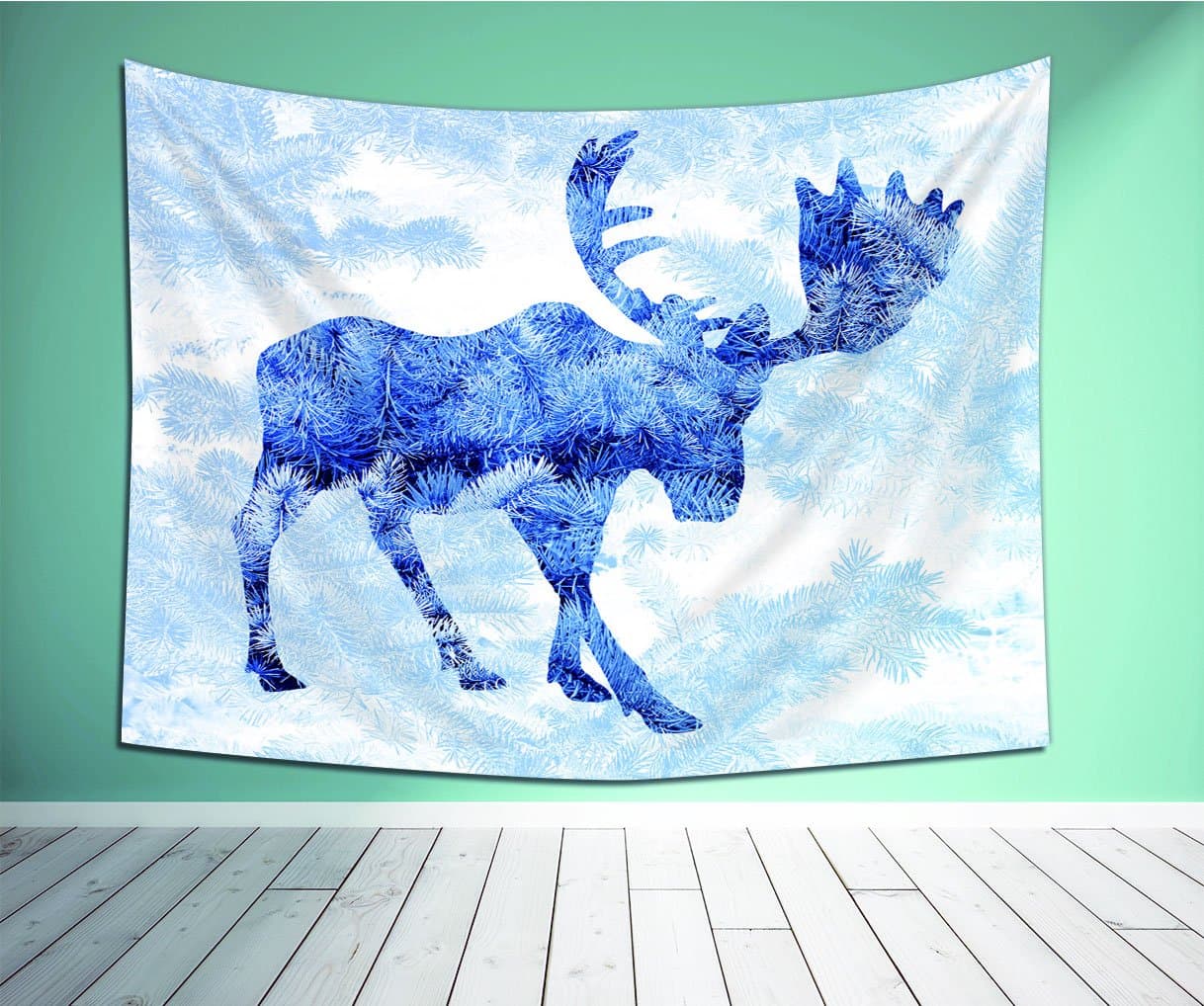 Avamam Tapestry Wall Art Moose Blue Pattern Pine Needles Spruce Tree With Antlers Deer Family Snow Winter Design Horns Decor Blue White Super Wall Hanging For Bedroom Living Room Dorm Size-60"Wx40"H