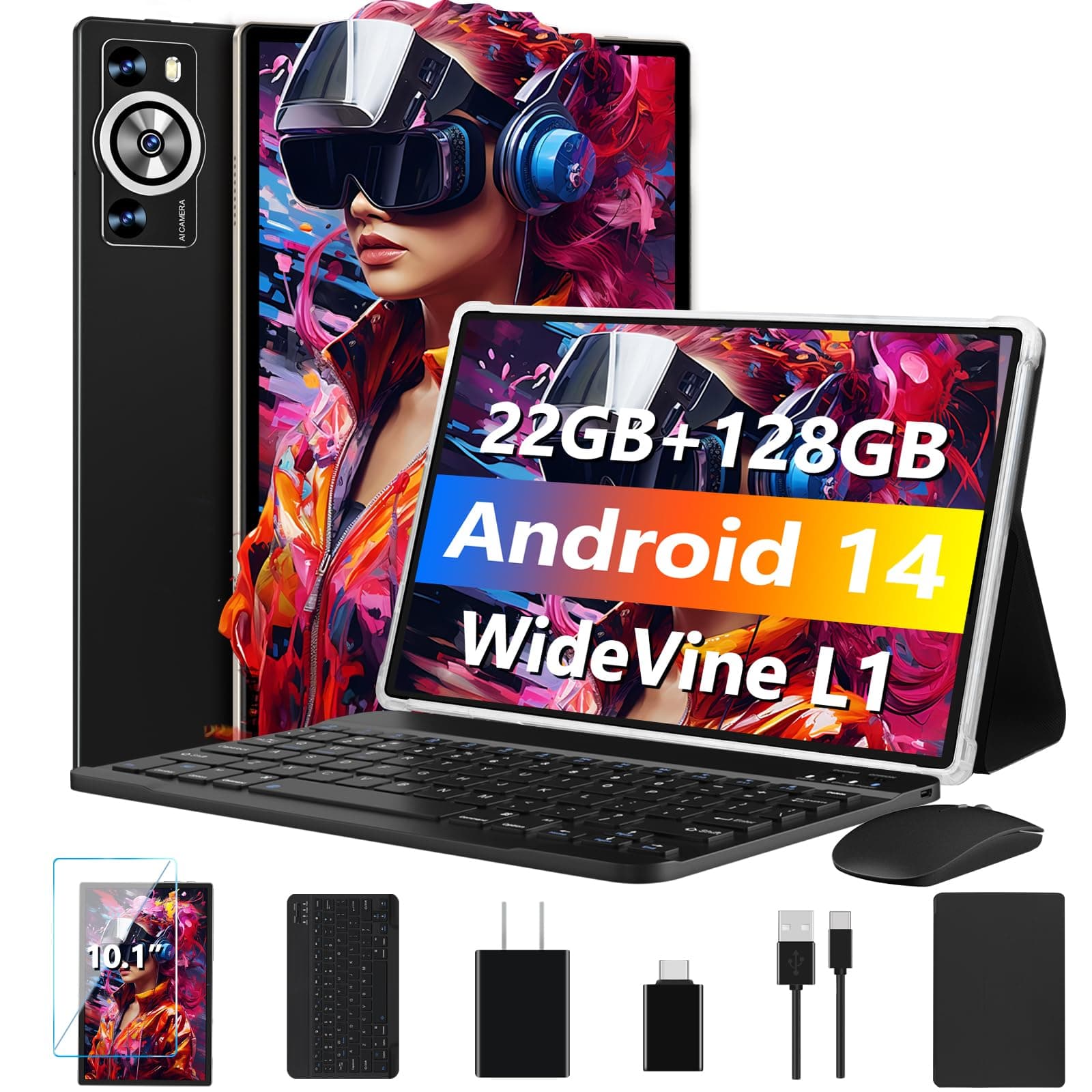 DEERTiME Android 14 Tablet 10.1 Inch 8000mAh Battery Tablets with 22GB RAM 128GB ROM 1TB Expand, Octa-Core HD Touchscreen Tablet with Keyboard, Mouse, Support Widevine L1, Split-Screen - Black