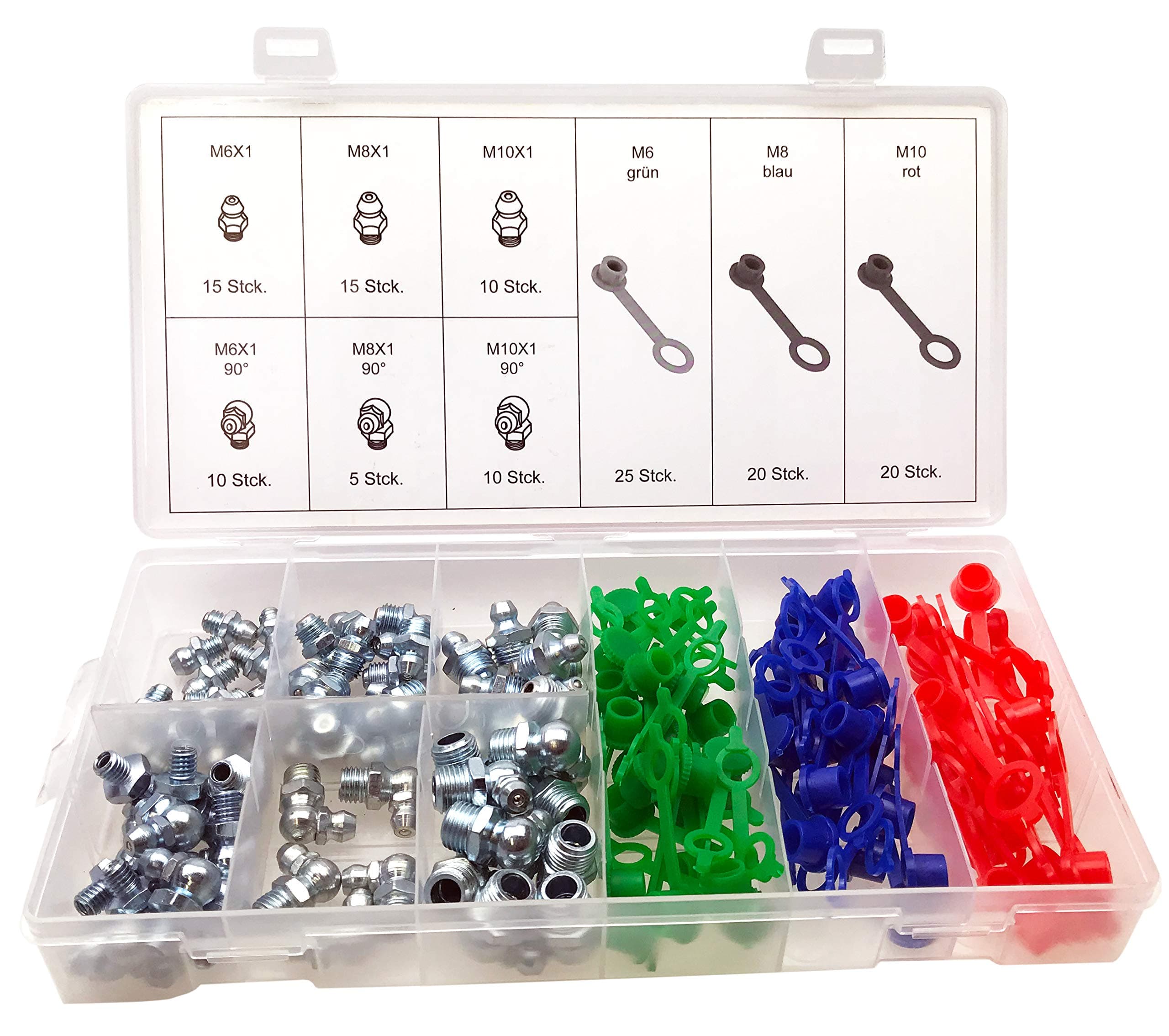Alkan Grease Nipples with Protective Caps for M6 M8 M10 0° 90° Hydraulic Grease Nipples 130 Pieces in Storage Box