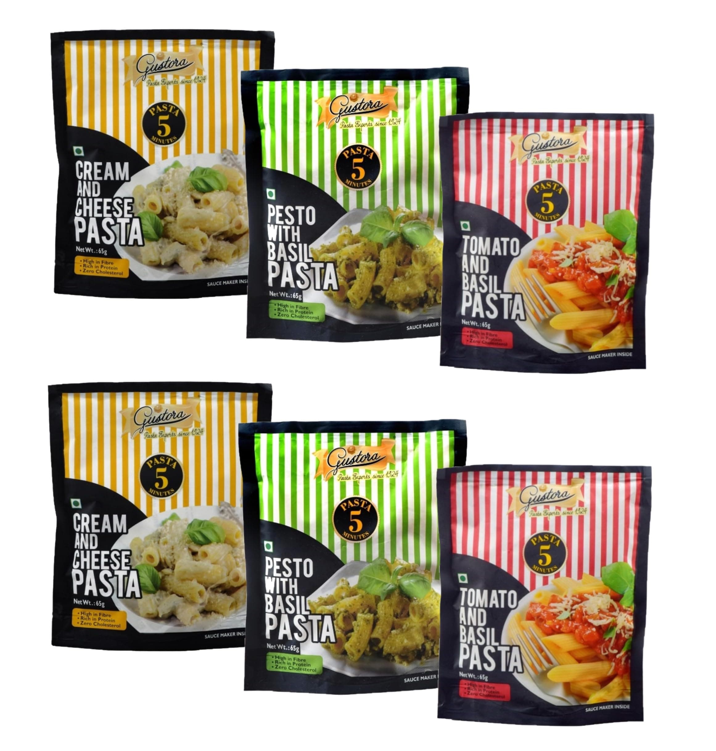 Pesto With Basil Pasta,Tomato&Basil Pasta,Cream&Cheese Pasta (Combo Of 6)IHigh Protein Instant Pasta Combo With Sauce MakerIRich In Protein & FibreIZero Cholesterol (65G X 6),390 Grams