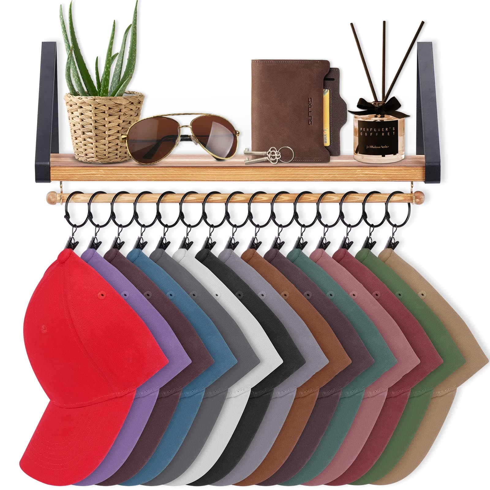 Baseball Cap Organizer Hanger, Hat Rack for Wall Cowboy Hat Hanger Wall Mounted Caps Display Rack with 15 Hooks, Hat and Sunglasses Storage Rack