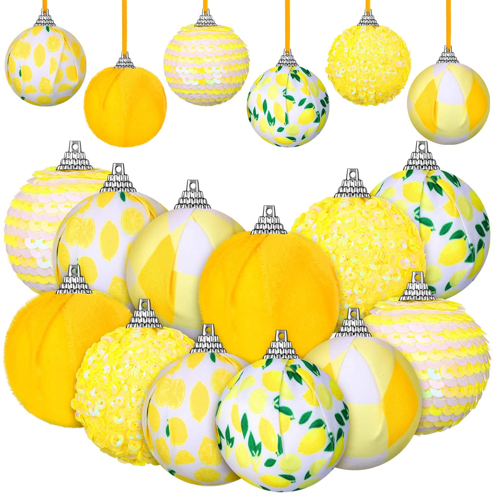 Liliful12 Pcs Summer Tree Lemon Hanging Ornaments Shiny Sequin Yellow Ball Ornament Cloth Yellow Lemon Decorations for Home Lemon Pendants Baubles Set for Door Wreath Garland Gift Supplies, 1.97 Inch