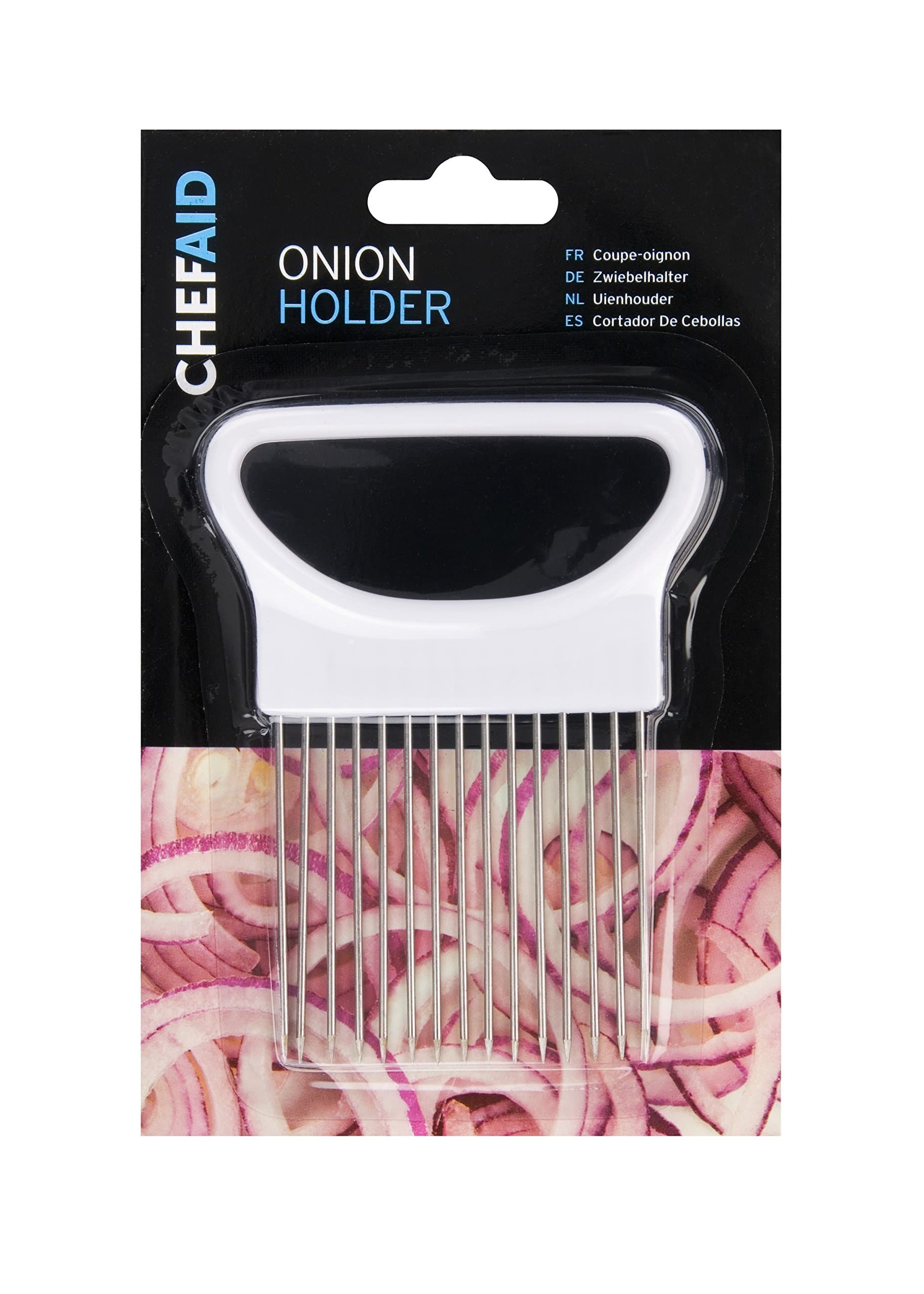 Chef Aid Onion Holder, Onion Holding tool to aid Slicing and Dicing of Oinions and other Vegetables, Can Be used as a Cutter Guide and to hold the Onion in place, With Stainless Steel Prongs