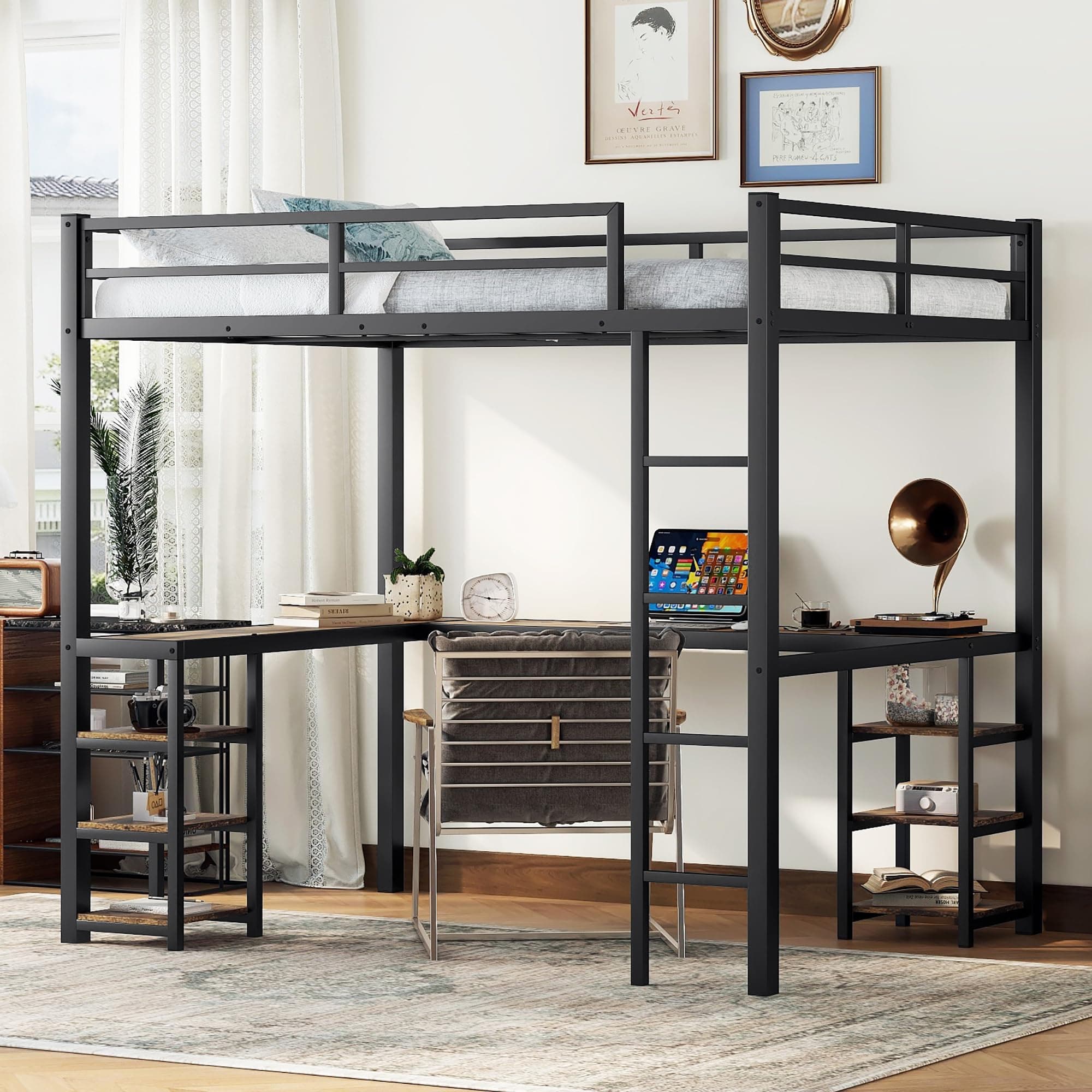 Luckiofvonne Loft Bed Full Size, Metal Loft Bed Frame with Desk and Storage Shelves, Heavy-Duty Kids Loft Beds with Ladder & L-Shape Desk for Boys Girls Teens, Black