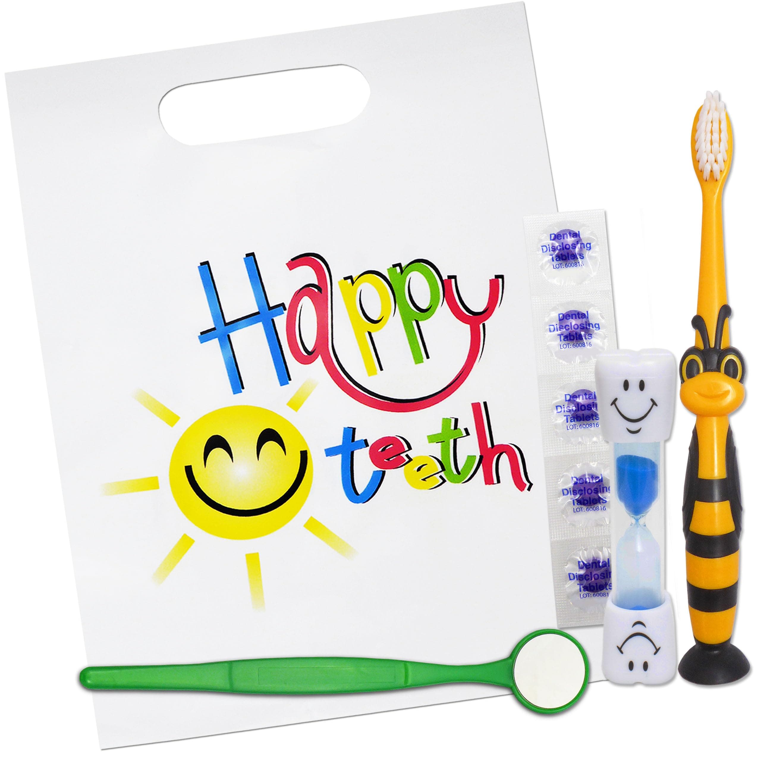 Happy Teeth Gift Bag ~ Childrens Toothbrush, Timer, Disclosing Tablets & Mirror (Blue)