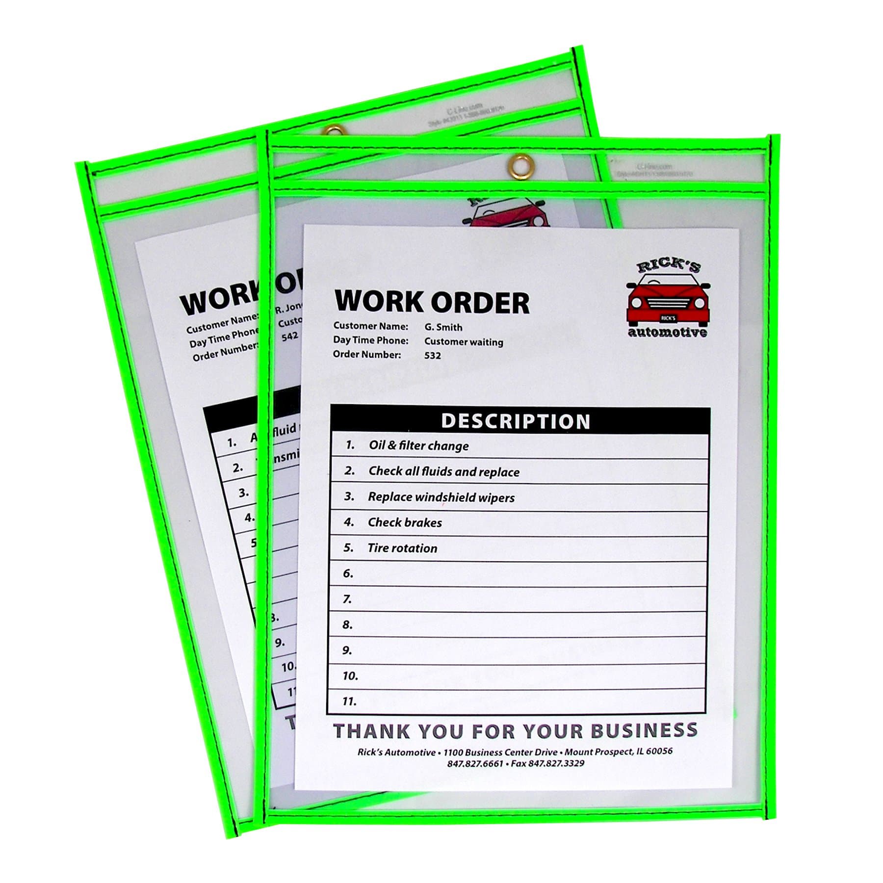 C-Line Neon Stitched Shop Ticket Holders, Green, Both Sides Clear, 9 x 12 Inches, 15 per Box (43913)