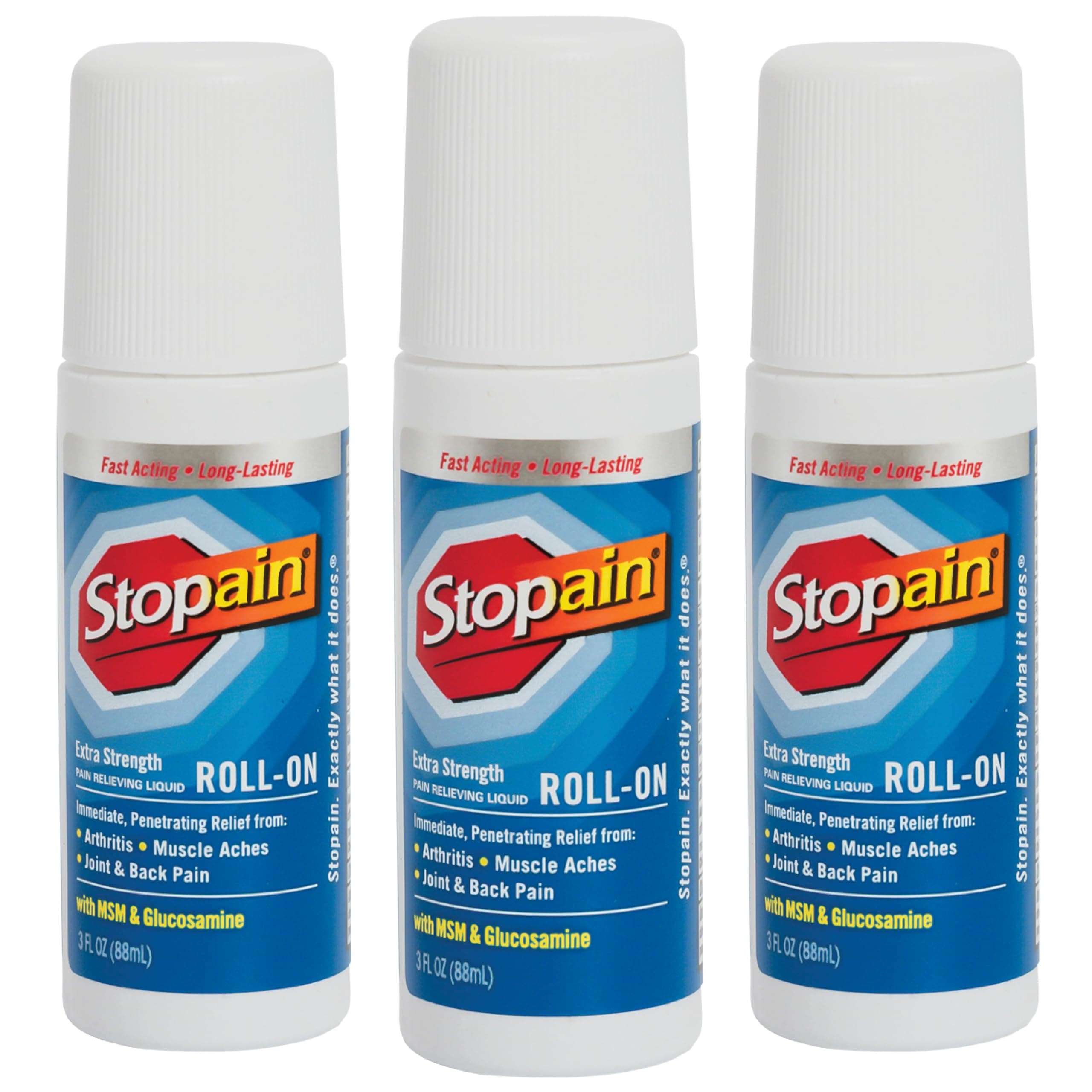Stopain Pain Relief Roll On Gel 3oz (3 Pack) USA Made, Max Strength Fast Acting with MSM, Glucosamine, Menthol for Lower Back, Knee, Neck, HSA FSA Approved Topical Analgesic Products