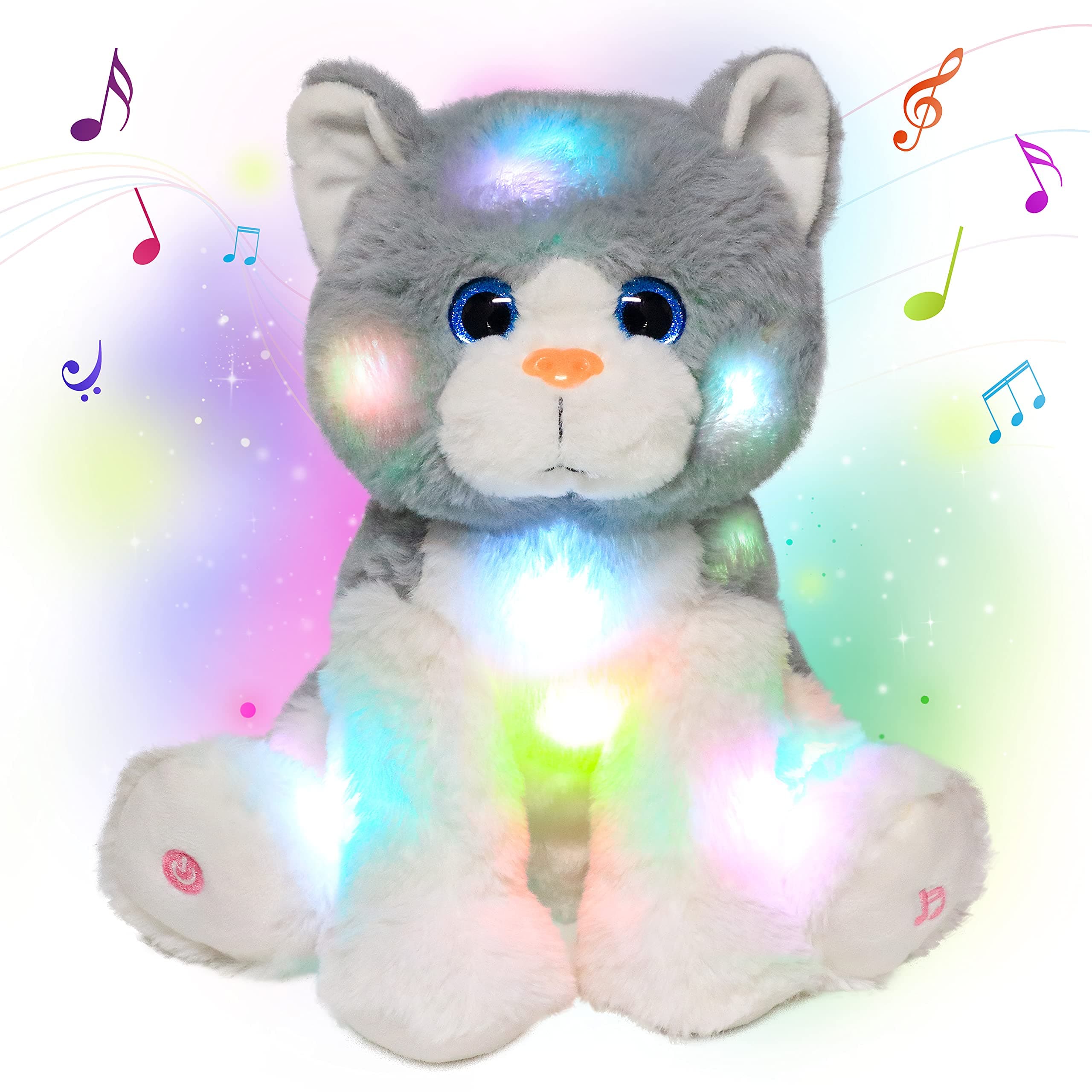CuteoyLED Musical Stuffed Kitty Light up Singing Plush Cat Adjustable Volume Lullaby Animated Soothe Birthday Gifts for Kids Toddler Girls, 10.5''