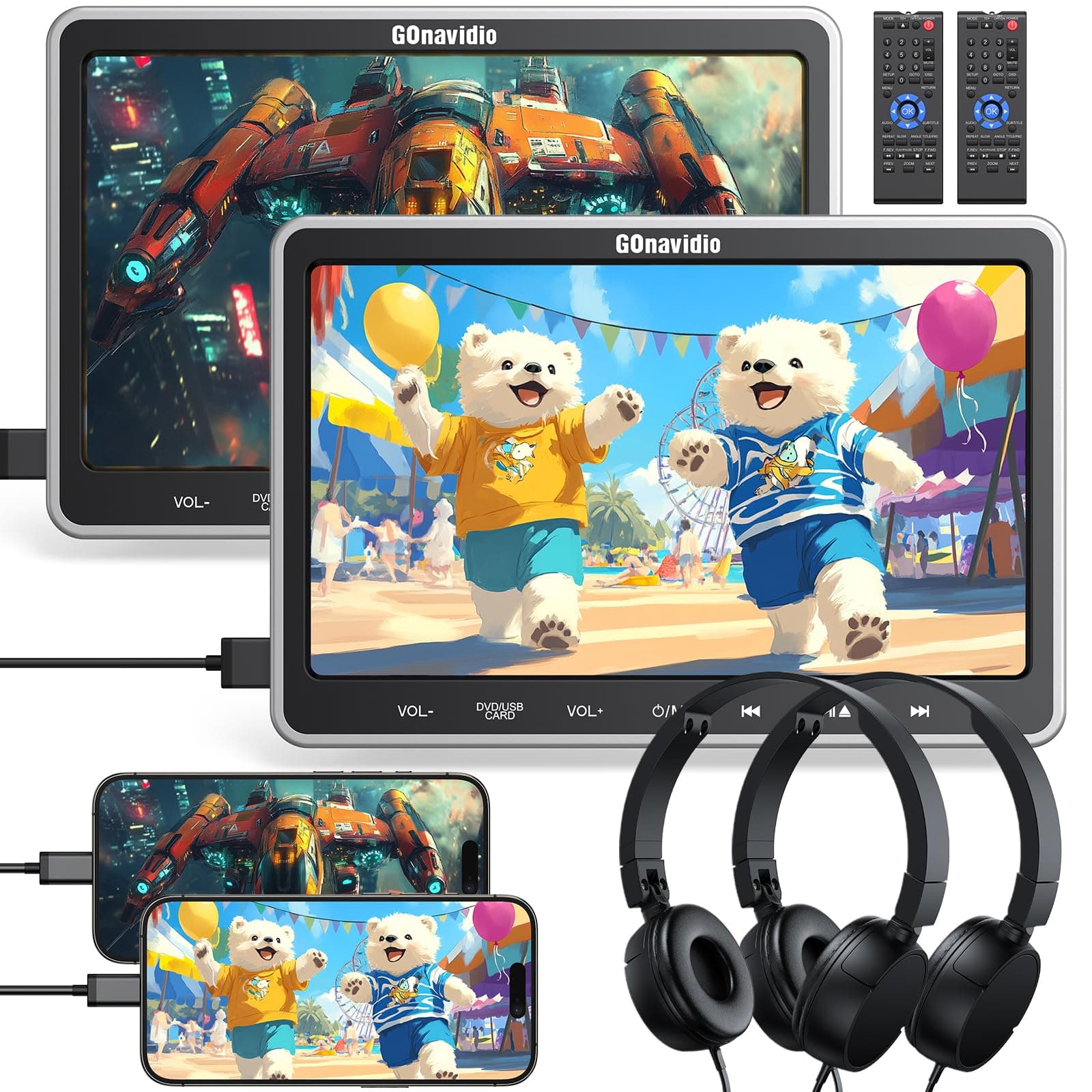 GOnavidio 10.1" Dual Car DVD Player with HDMI Input - Auto Suction Disc, Dual Movies Playback, 2 Headphones & Brackets, USB/TF Card, Last Memory - Backseat Entertainment System without Battery